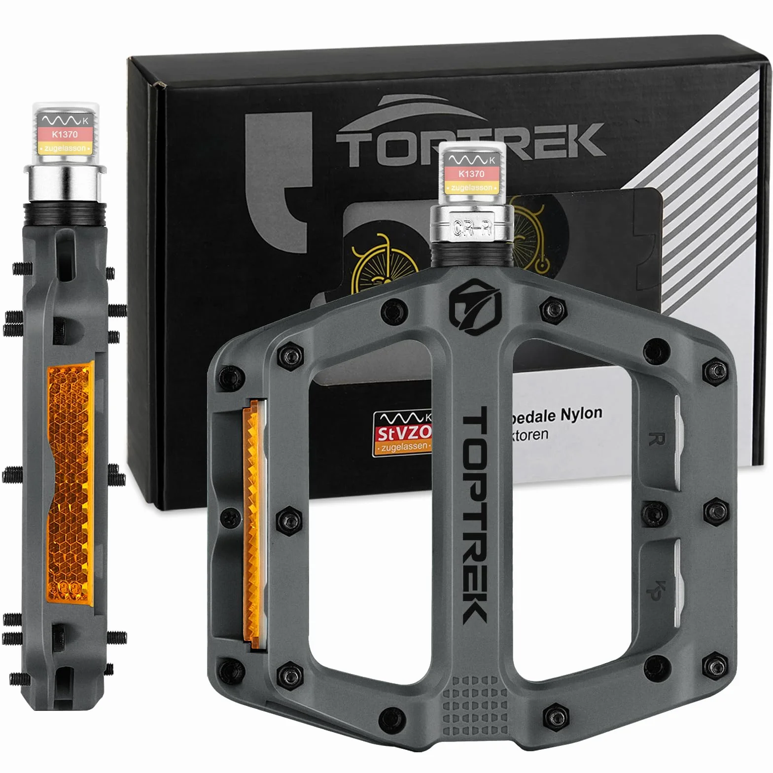 toptrek Pedały rowerowe z reflektorami StVZO, nylonowe, kompozytowe, płaskie, 3 antypoślizgowe pedały do roweru MTB, 9/16", zestaw do rowerów wyścigowych/górskich/trekkingowych/rowerów elektrycznych