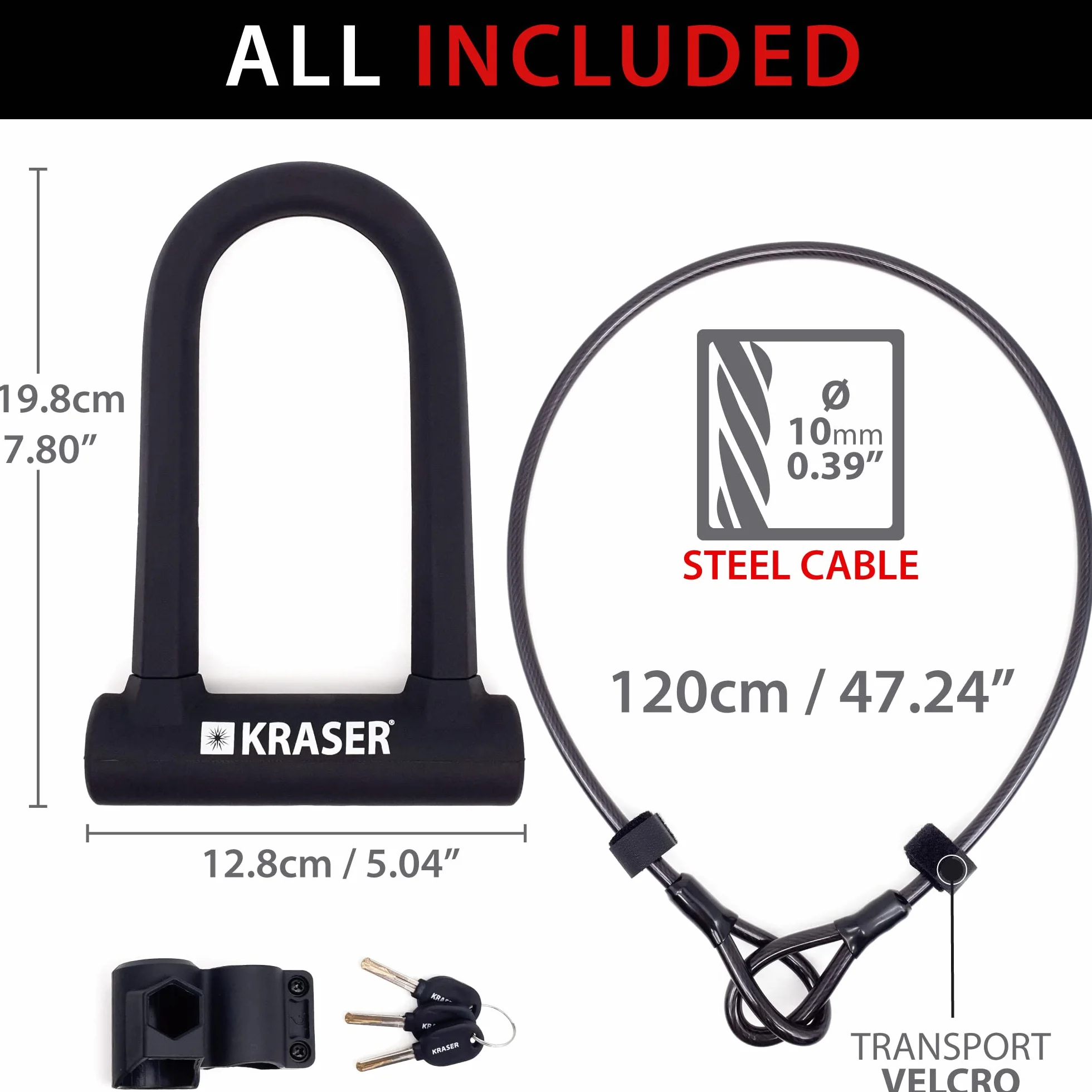 KRASER KR65145B Zapięcie Rowerowe Universalny Rower U-lock Blokada + Metalowa Elastyczne Kablowa 120cm + Uchwytem Montażowym