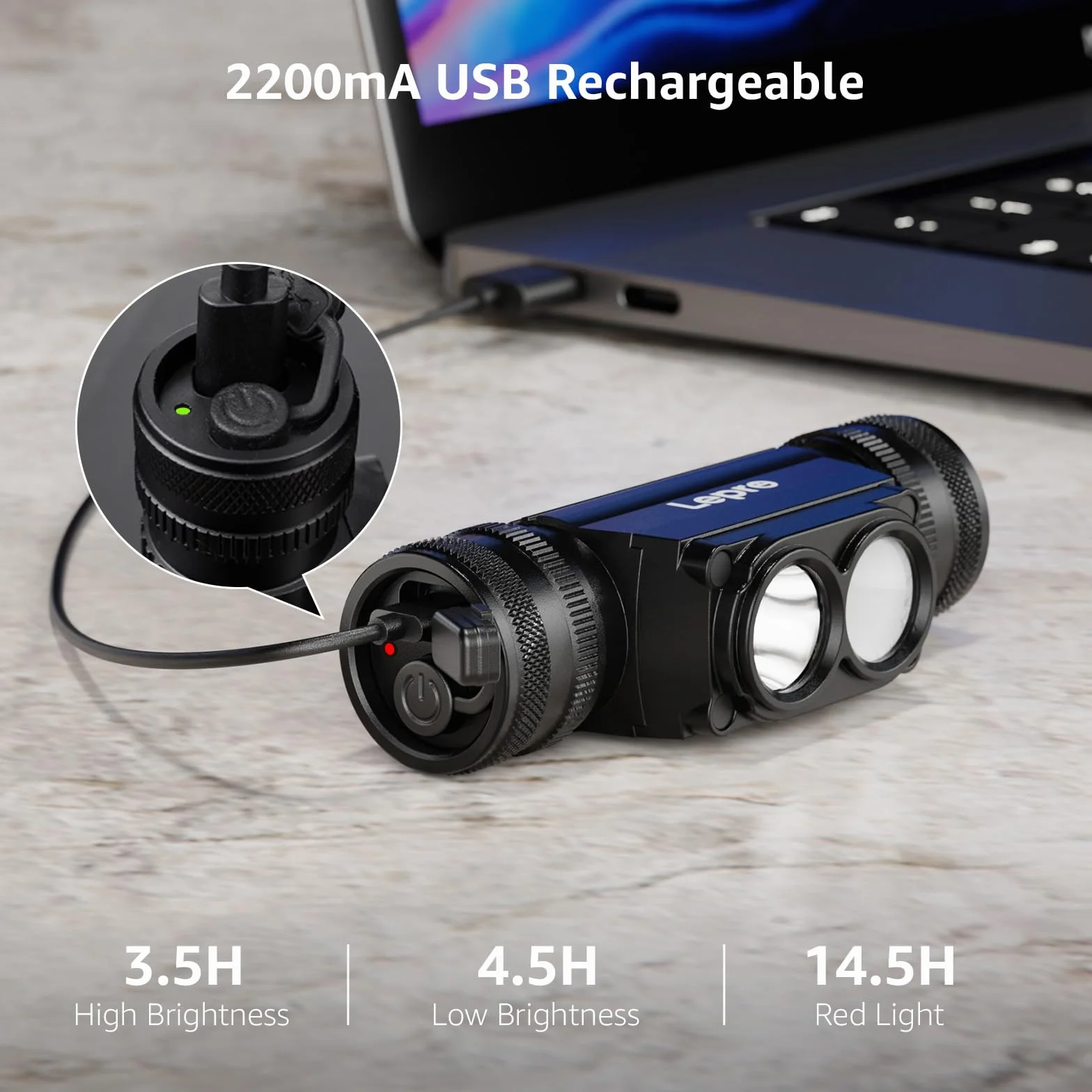 Lepro Latarka czołowa 1000 lumenów z akumulatorem – wydajna, odłączana lampa czołowa z baterią 2200 mAh, super jasna wiązka latarki 152 m (500 stóp), wodoodporny reflektor LED IP65, do campingu