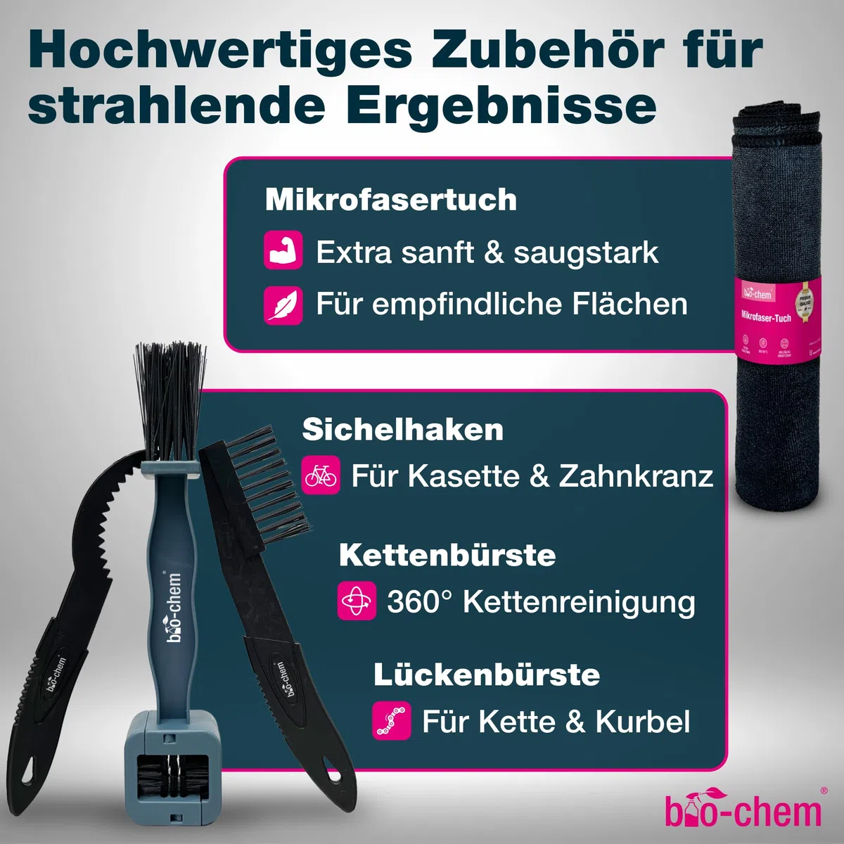 Bio-Chem - Zestaw 7 produktów do czyszczenia roweru - Środek do czyszczenia ram rowerowych - Środek do odtłuszczania łańcucha - Olej smarujący - 3 szczotek do czyszczenia + szczotka rowerowa