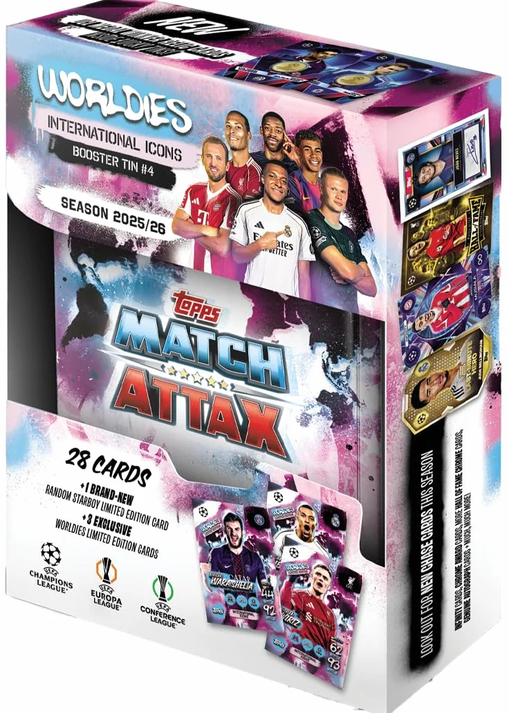 Topps UCC Match Attax 2025/26 Mini Pudełko Międzynarodowe Ikony 28 kart Star Boy LE Worldies LE