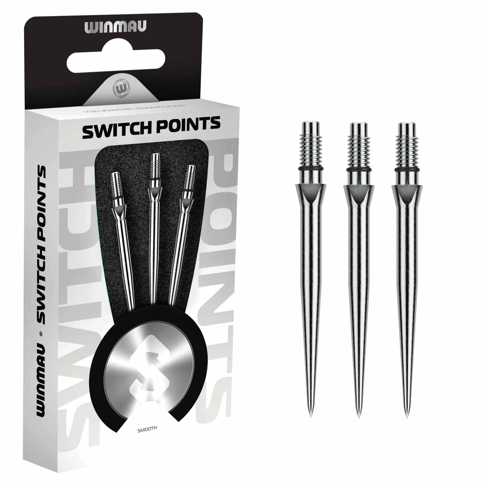 WINMAU Punkty przełączania - końcówka ze stali węglowej - gwintowany mechanizm szybkiej wymiany - 1 zestaw w opakowaniu - dostępne w kolorze czarnym i srebrnym - gładkie, rowkowe i falowane - 26 mm