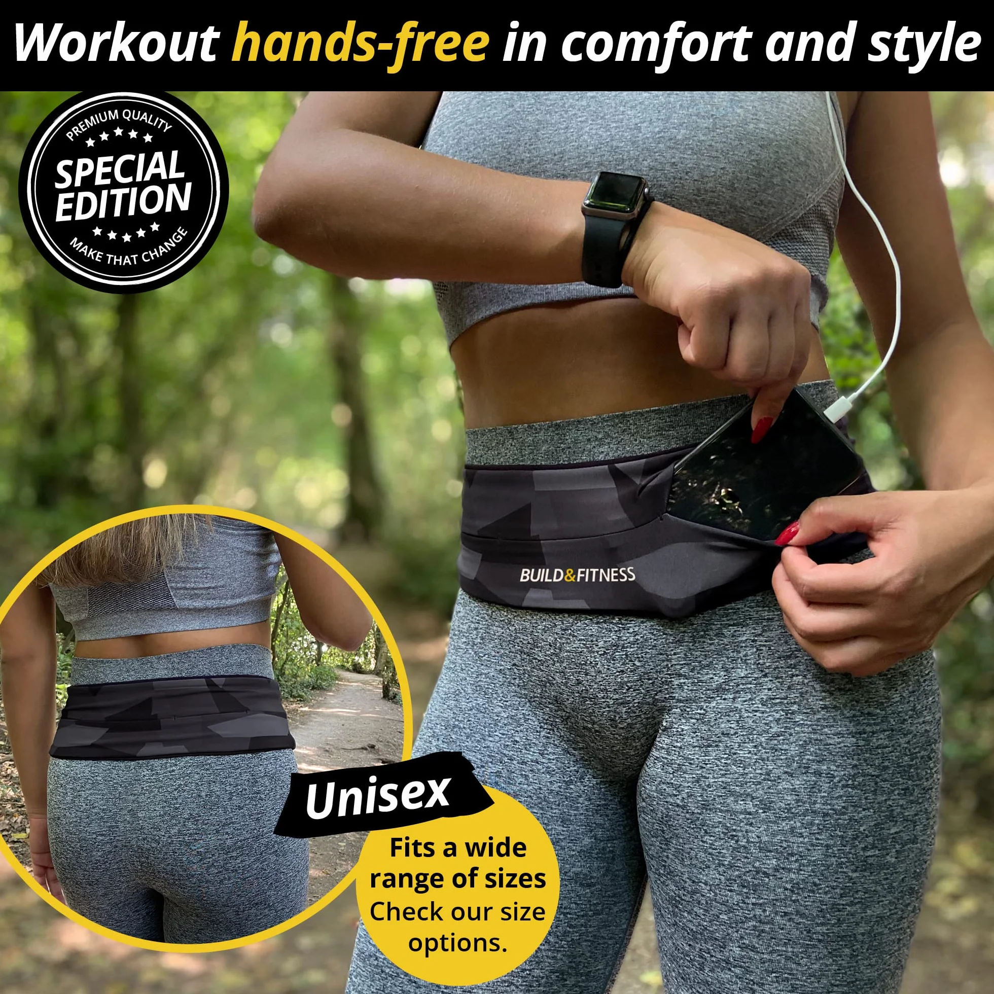 Pasek do biegania Build & Fitness z klapką, uchwyt na telefon, klips na klucze