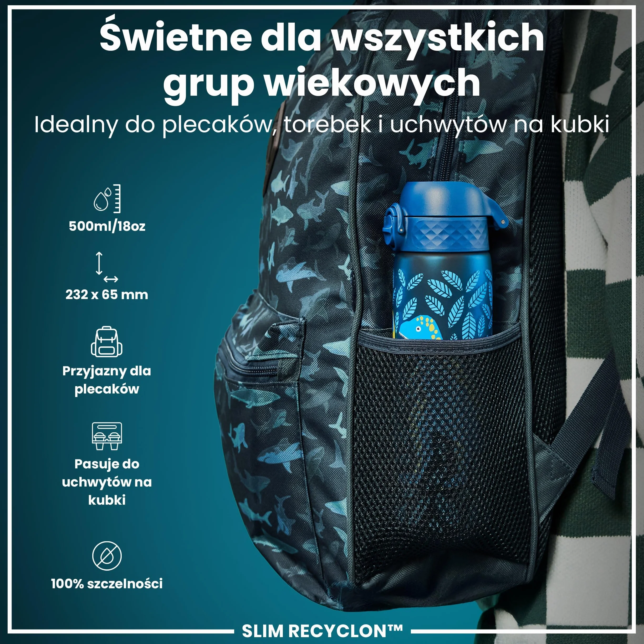 ION8 Butelka na Wodę, 500 ml/18 oz, Szczelna, Łatwe Otwieranie, Bezpieczny Zamek, Można Myć w Zmywarce, Bez BPA, Higieniczne Pokrycie, Uchwyt do Przenoszenia, Łatwa Czyszczenie, Bezwonny, Dinozaury