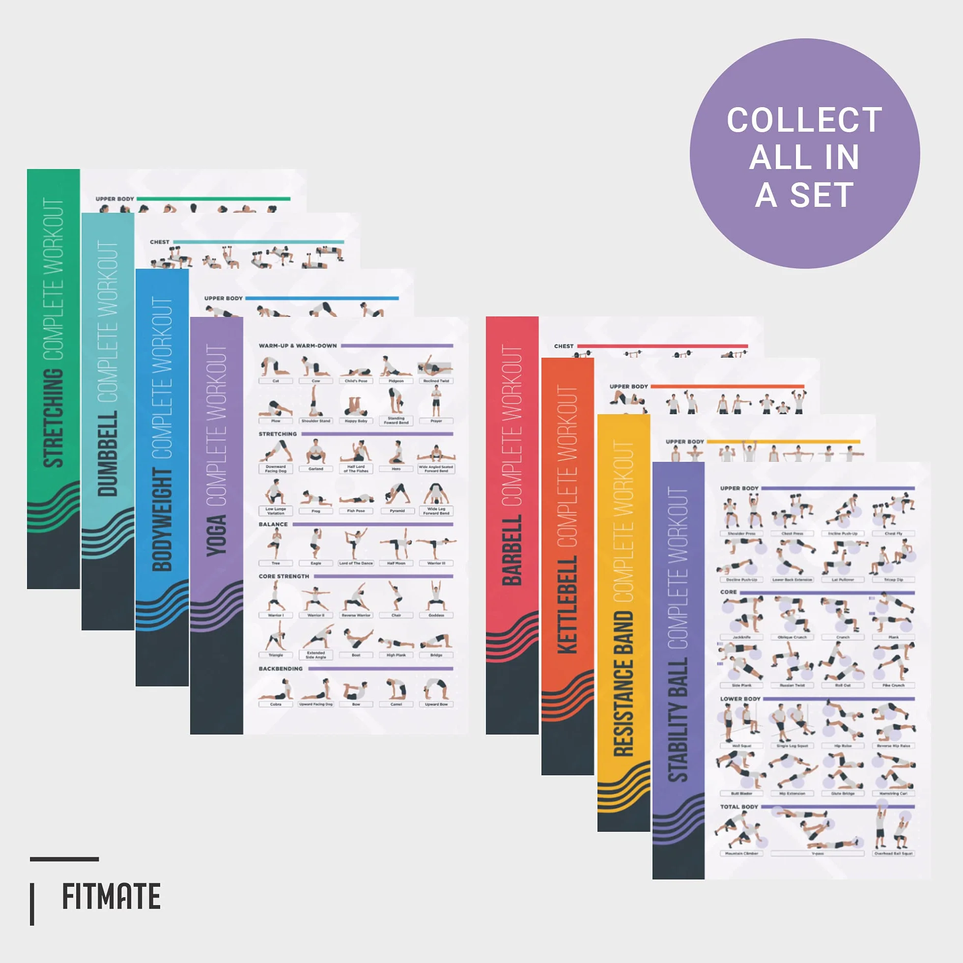 PosterMate - FitMate zestaw plakatów treningowych, 8 sztuk, hantle, sztanga, kettlebell i wiele innych rutynowych treningów gimnastycznych z bezpłatnymi ciężarami (51 x 76 cm)