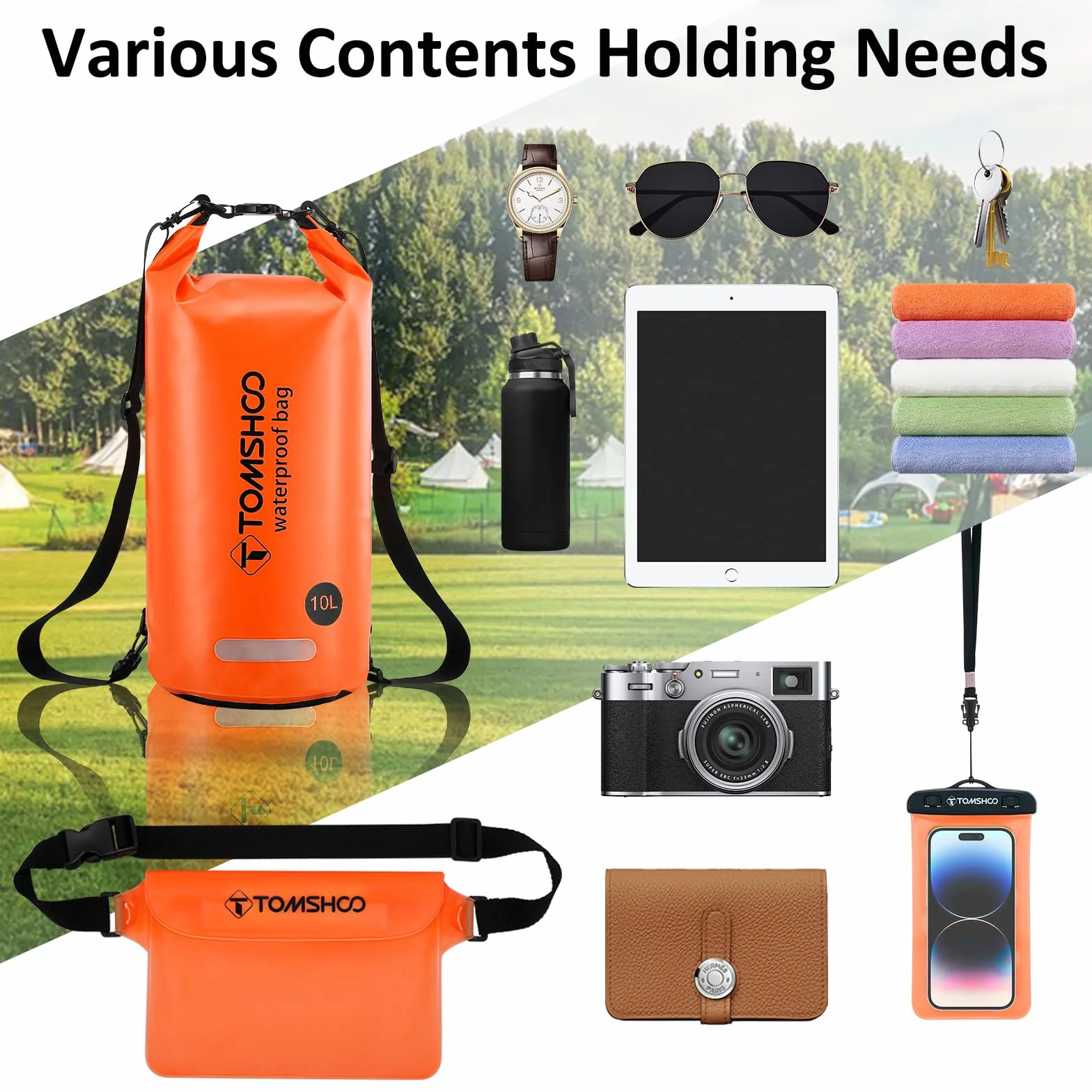 TOMSHOO Dry Bag Set, Wodoodporny Plecak 10L/20L z Wodoodpornym Pokrowcem i Kieszeń na Telefon Komórkowy, Regulowany Pasek na Ramię, Wodoodporny Plecak na Spływy Kajakowe, 10L, Pomarańczowy