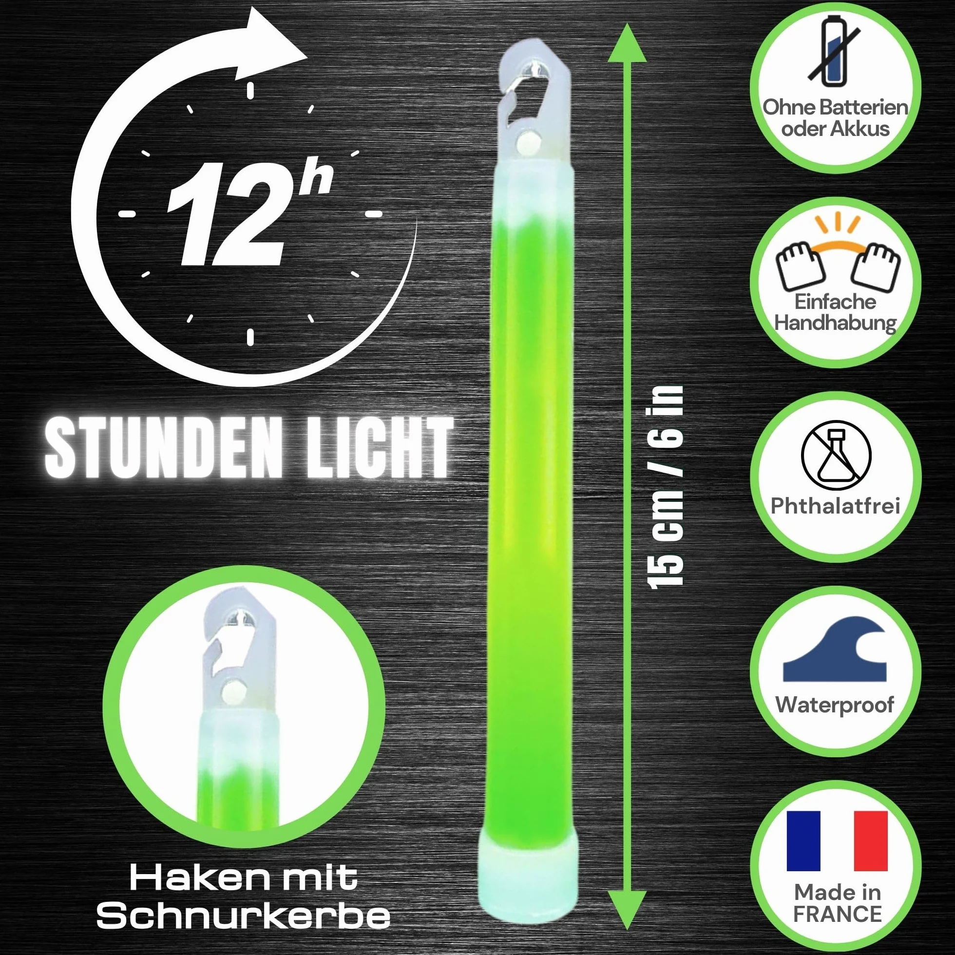 Cyalume Technologies SA9-1027017AM świecąca pałeczka 15 cm, oryginalne wojskowe wkłady świetlne ChemLight w kolorze zielonym (10 sztuk), długi czas palenia 12 godzin, 100% zgodność ze specyfikacją