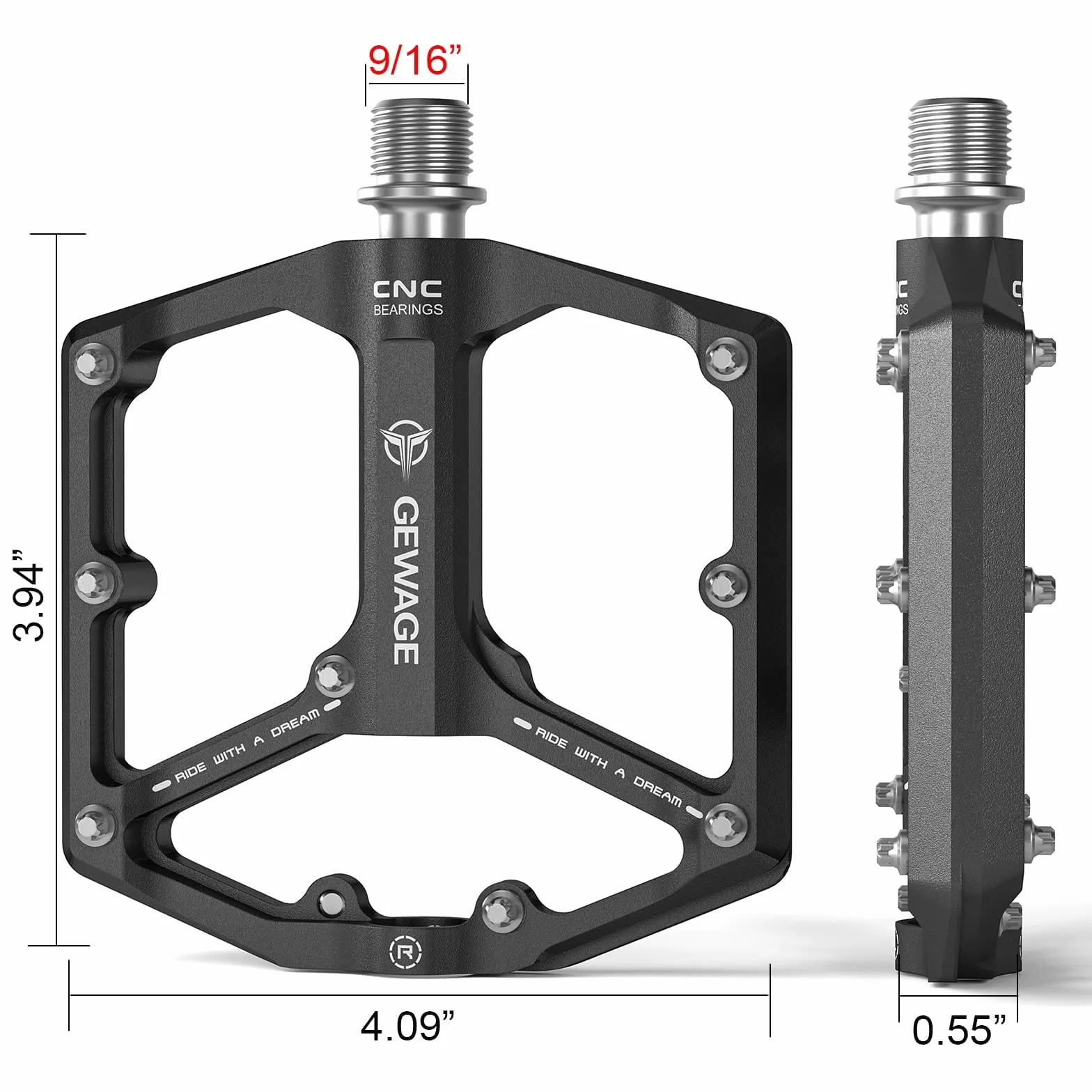 GEWAGE Pedały szosowe/górskie MTB – pedały rowerowe z 3 łożyskami – frezowane CNC płaskie pedały 9/16" z wymiennymi antypoślizgowymi pinami