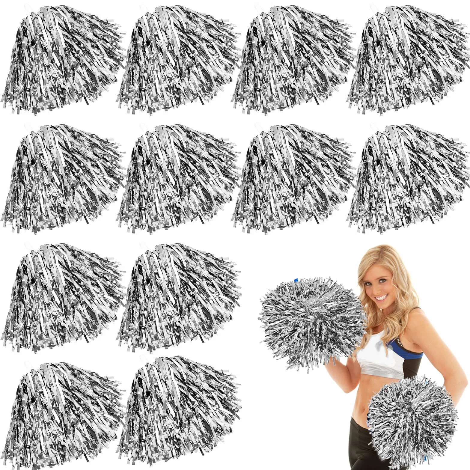 12 pomponów cheerleaderek: pompony cheerleaderki z uchwytami, piękne pompony cheerleaderki, wstążki kwiatowe, metaliczne pompony, cheerleaderki, do zawodów sportowych, tańca, dla dorosłych i dzieci