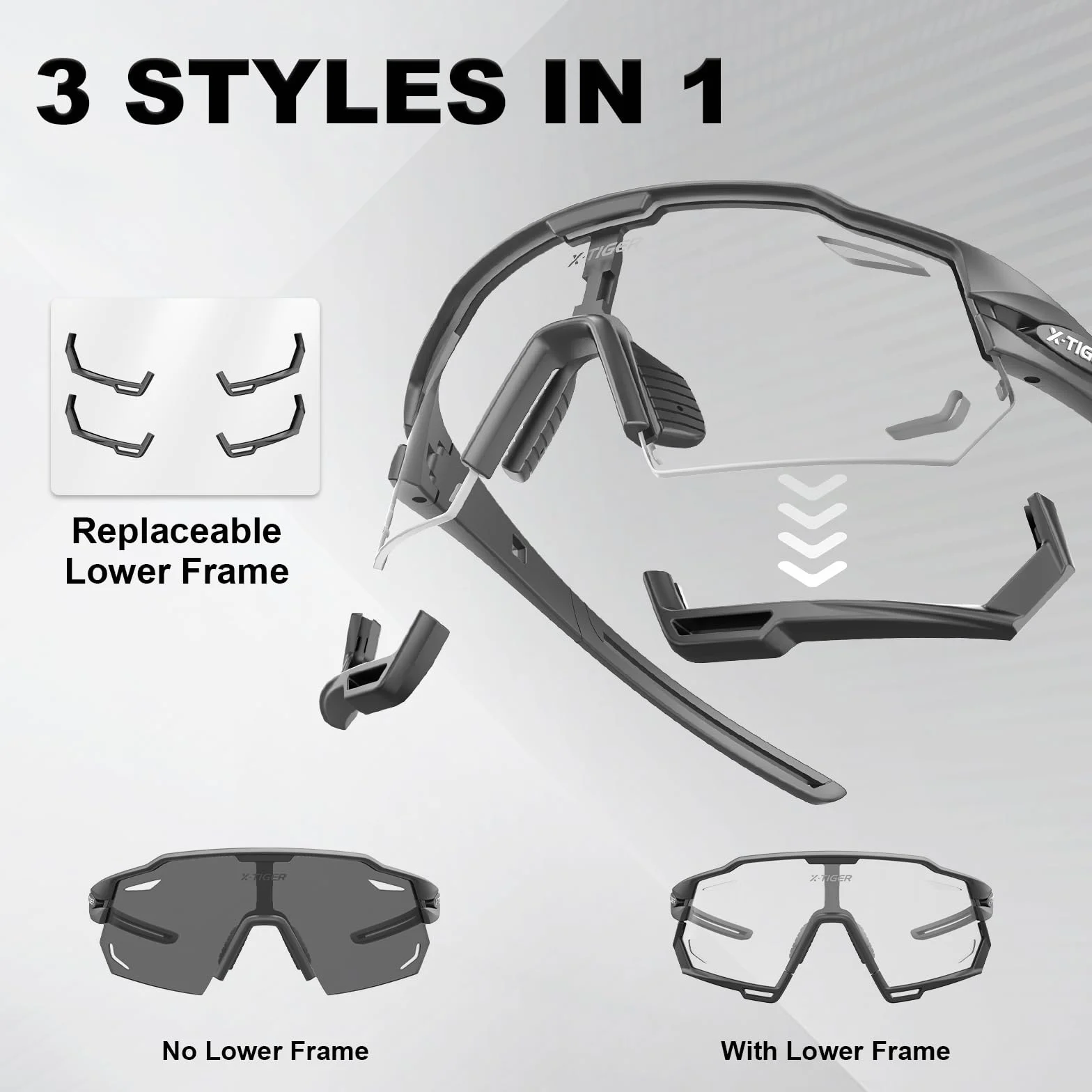 X-TIGER Okulary rowerowe, samonośne, męskie, damskie, oprawki TR90, okulary sportowe, samotonujące, UV400, fotochromatyczne okulary przeciwsłoneczne, MTB, przezroczyste okulary rowerowe