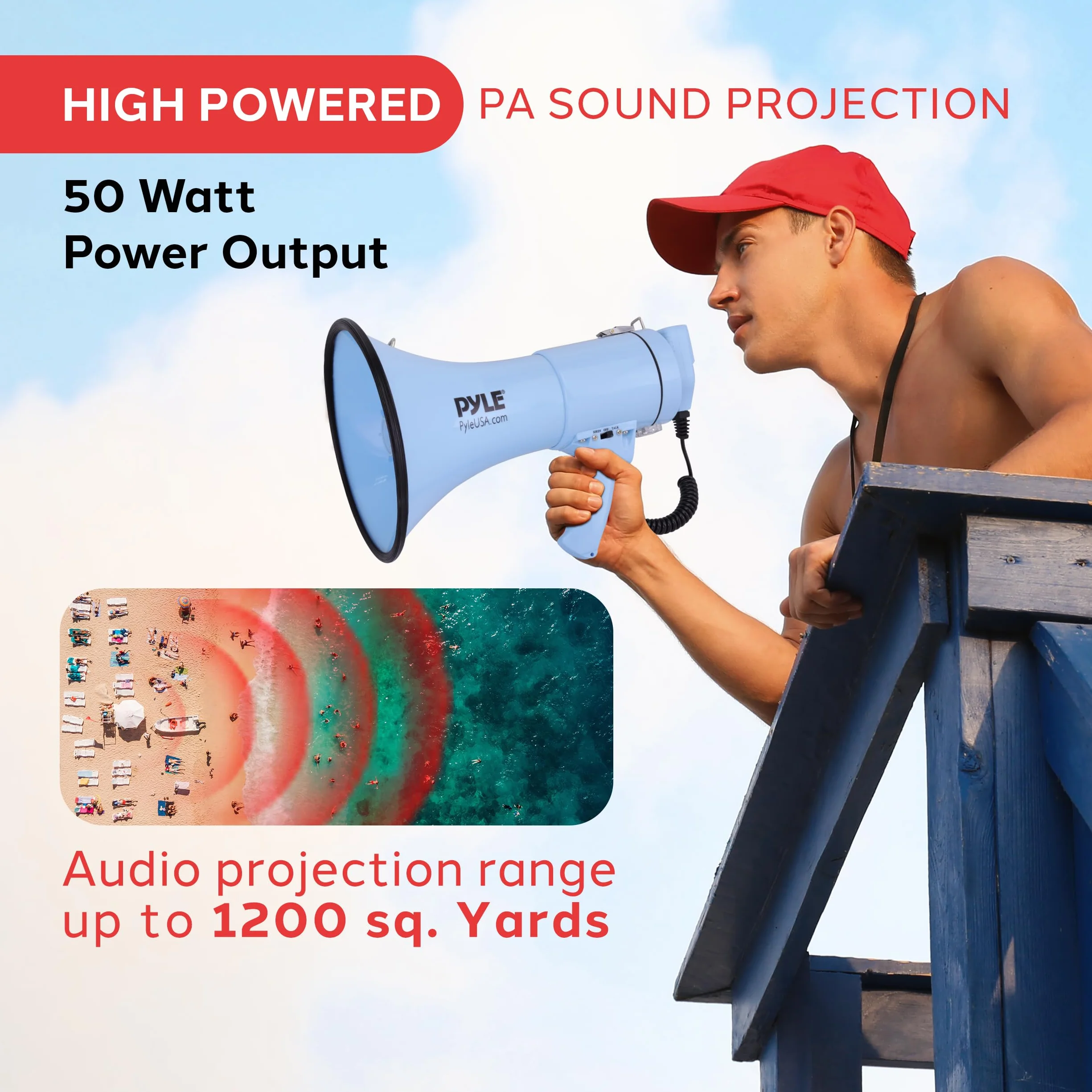 Pyle 50W Megaphone Bullhorn - Portable, Automatic Siren & Adjustable Volume,Projection Range Up to 1200 Square Yards, Aux Input, Talk, Siren, Music, Whistle, & Record, Shoulder Strap (Blue)