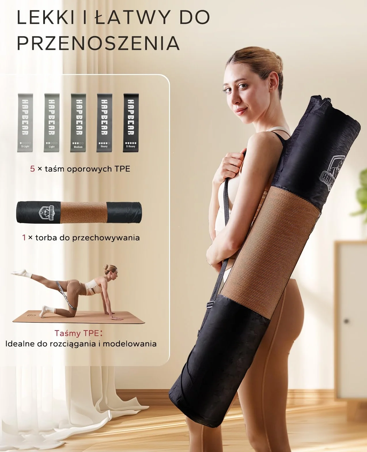 HAPBEAR Mata do jogi z korka XXL – Antypoślizgowa, 183×116/91 cm, 6 mm, 100% naturalna, trwała, do jogi i pilatesu, z taśmą oporową i torbą