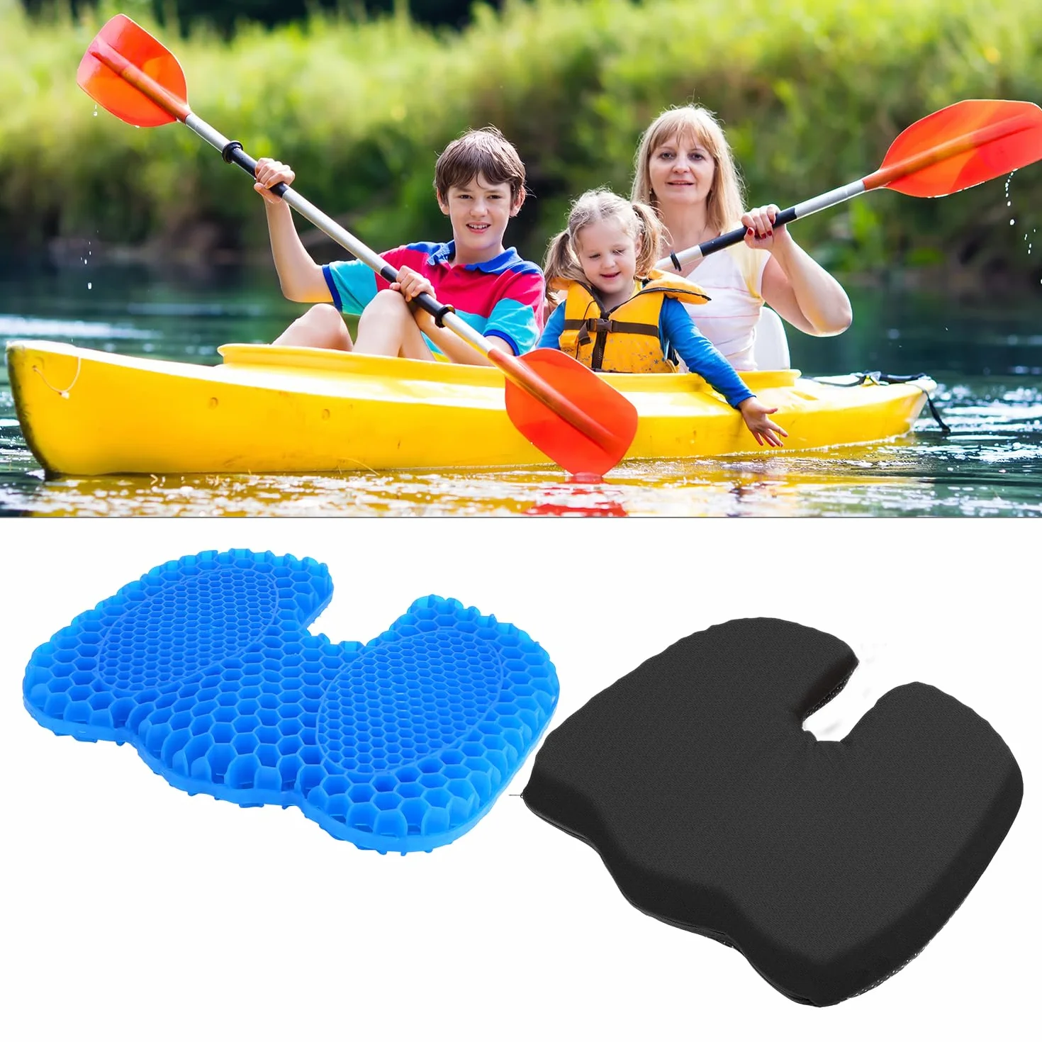 QWORK® Poduszka do siedzenia kajakowego, antypoślizgowa, żelowa poduszka do siedzenia, w kształcie litery U, do kajaków, łodzi, fotela biurowego, samochodu