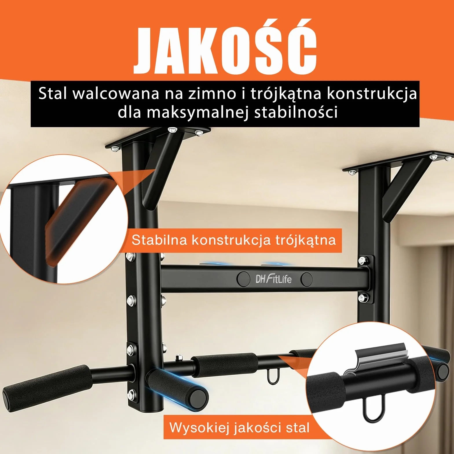 DH FitLife Drążek Sufitowy do Podciągania 4 w 1 do 300 kg | 8 Antypoślizgowych Uchwytów | 3 Punkty Mocowania | Stabilny i Bezpieczny