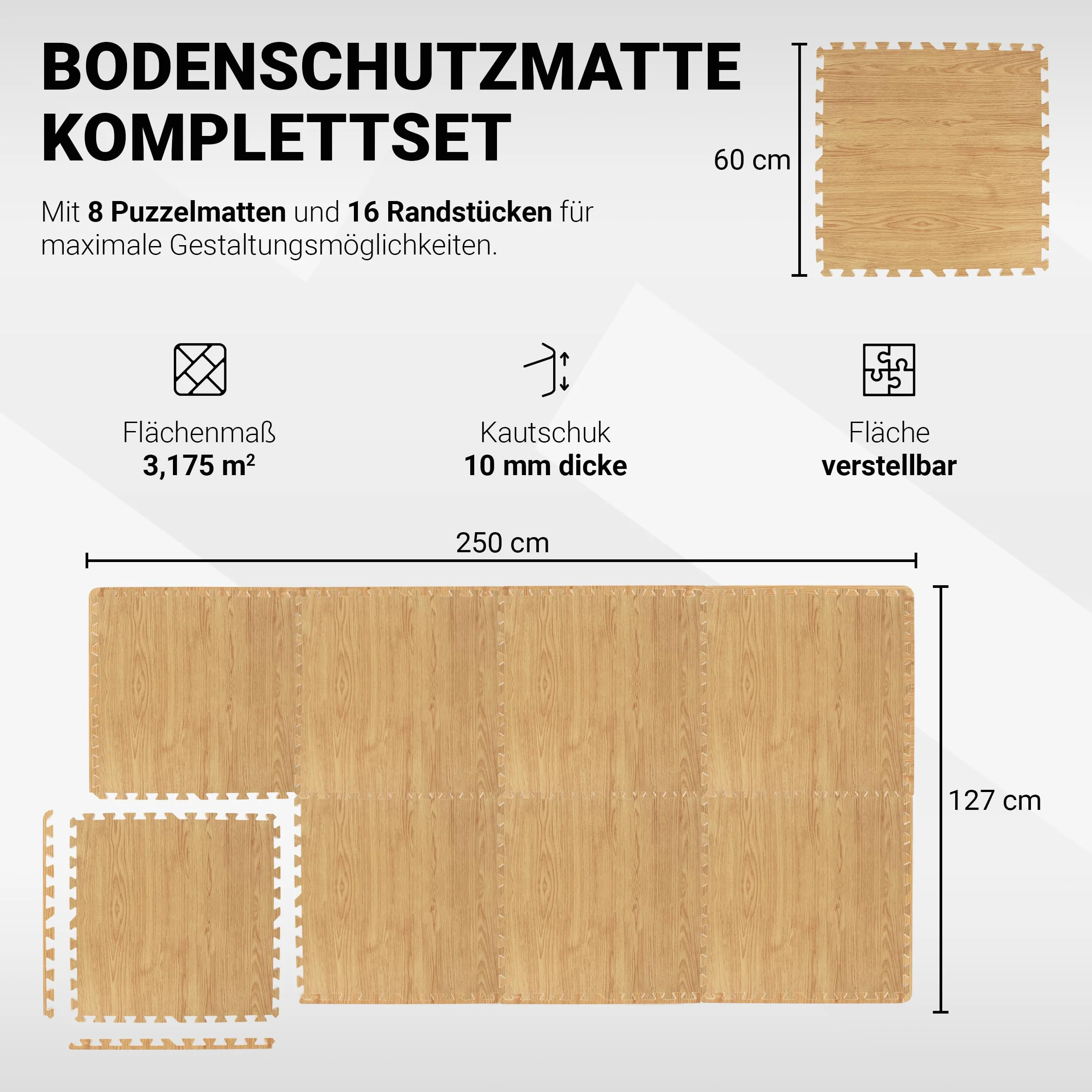 MSPORTS Maty ochronne na podłogę Premium – 8 mat ochronnych w różnych kolorach 3,175 m² | ochrona podłogi 60 x 60 cm wraz z końcówkami | grubość: 1,2 cm | mata gimnastyczna