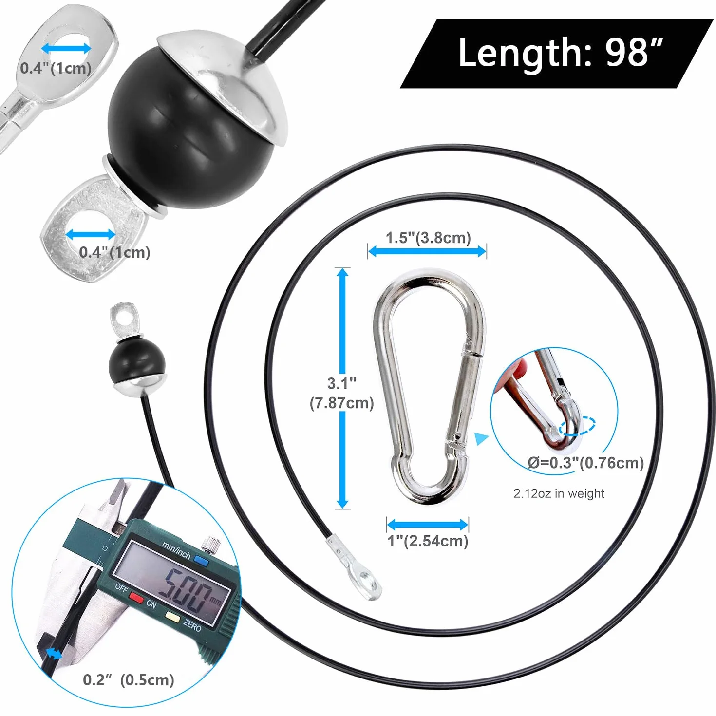 Favuit Stalowy kabel fitness domowa siłownia zapasowe kable koła pasowego wytrzymała lina stalowa do fitnessu 1,5 m/2 m/2,5 m / 2,5 m system kabli LAT rozwijane akcesoria do bicepsów tricepsów siła