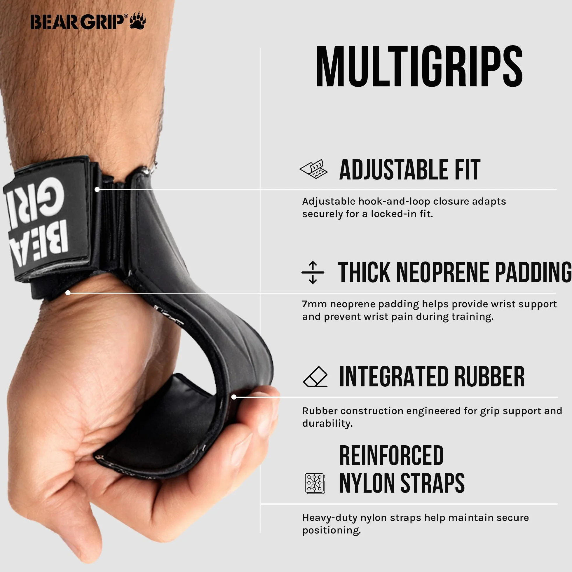 BEAR GRIP Paski/haczyki Multi Grip, wysokiej jakości wytrzymałe paski/rękawice do podnoszenia ciężarów (Standardowy gumowy)