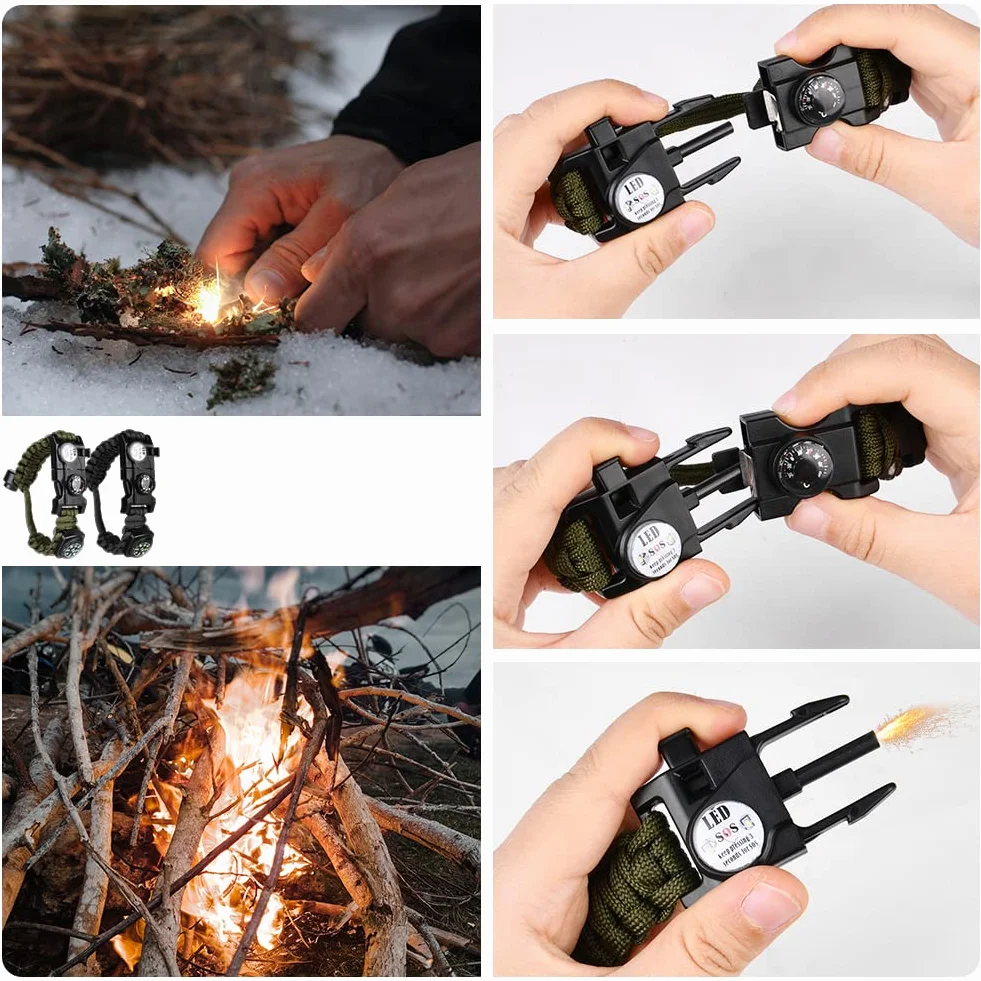 Flintronic Zestaw bransoletek survivalowych Paracord z zapalniczką, kompasem, piłą i piszczałką 100-dB