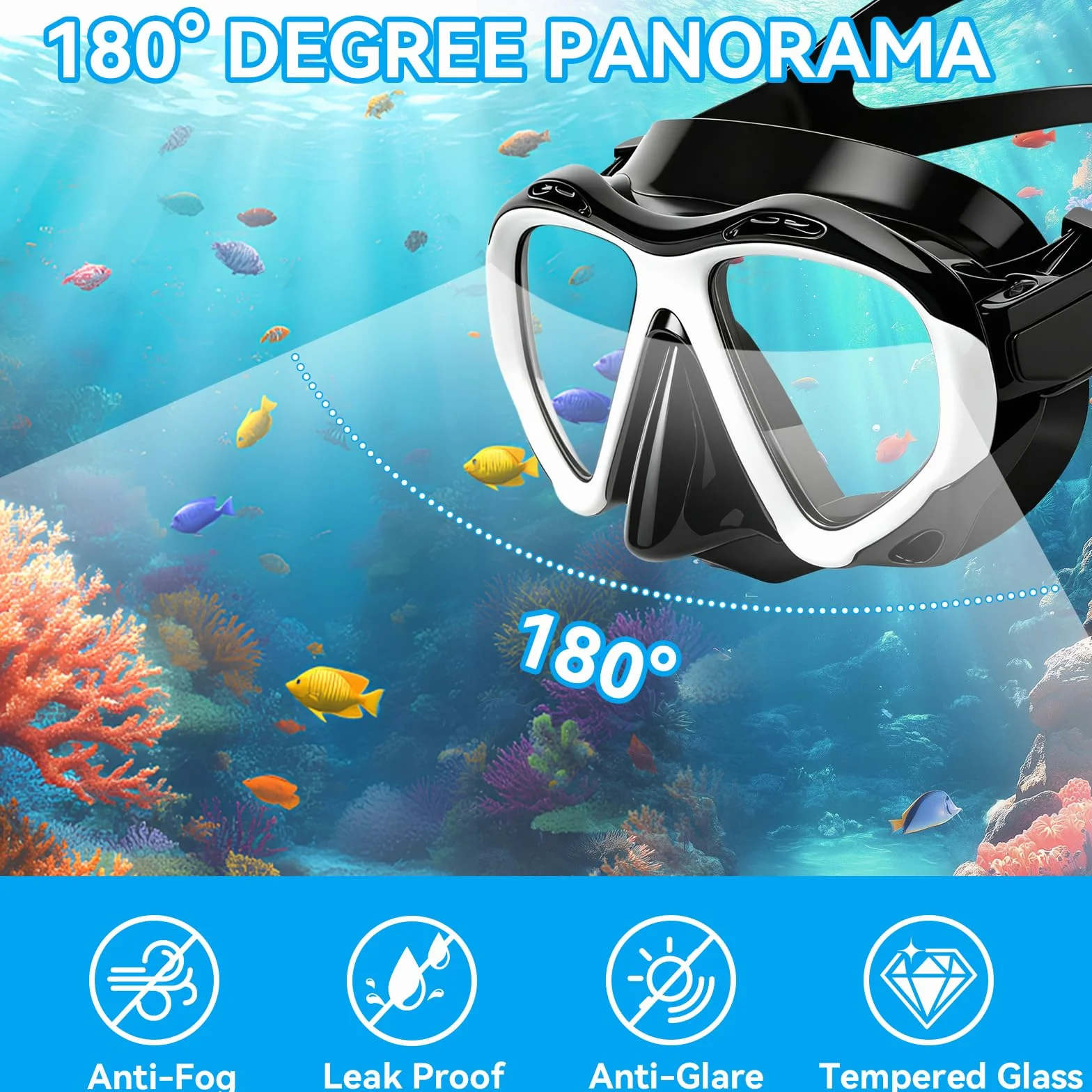 Zestaw do Snorkelingu Dla Dorosłych, Maska Panoramiczna 180° Hartowane Szkło, Rura Snorkelingu Sucha Hermetyczna