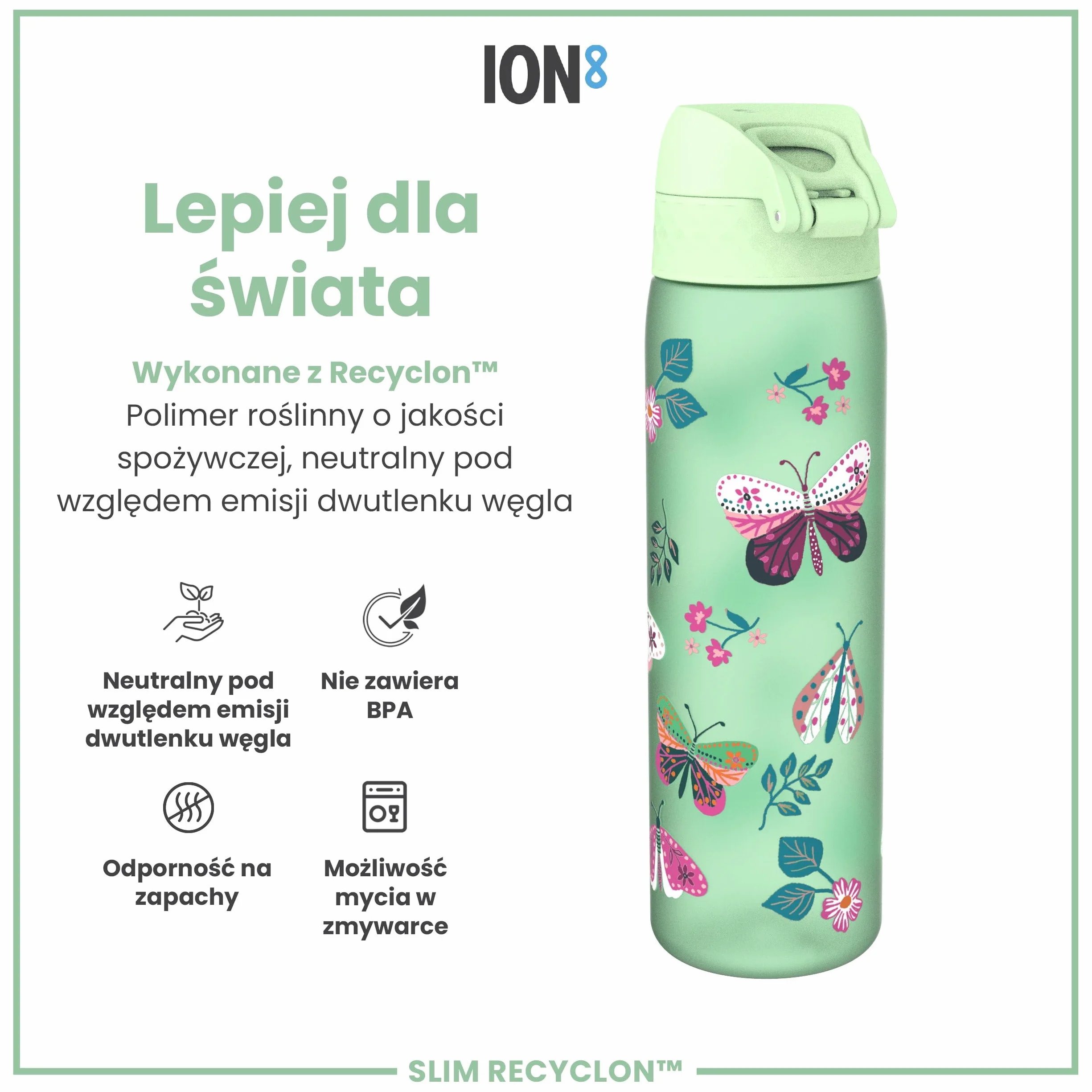 ION8 Butelka na Wodę, 500 ml/18 oz, Szczelna, Łatwe Otwieranie, Bezpieczny Zamek, Można Myć w Zmywarce, Bez BPA, Higieniczne Pokrycie, Uchwyt do Przenoszenia, Łatwa Czyszczenie, Bezwonny, Dziki Motyl