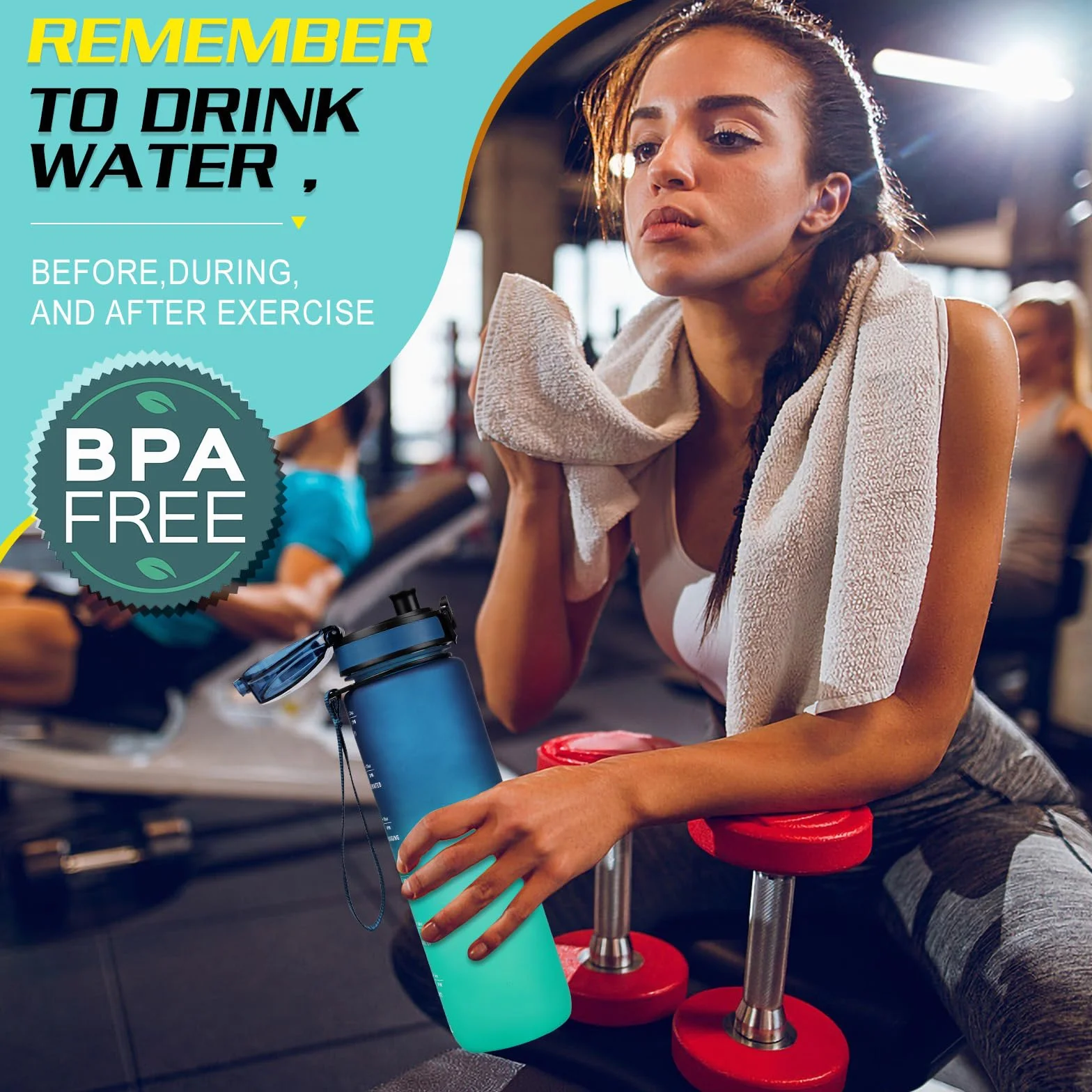 HASAGEI Sportowa butelka na napoje 1 l, butelka na napoje, nie zawiera BPA, z tritanu, z zakrętką, zabezpieczona przed wyciekiem, do studia fitness, szkoły, jazdy na rowerze, aktywności na świeżym
