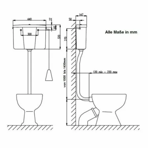 Wisząca spłuczka WC 9 litrów 445 x 340 x 150 mm