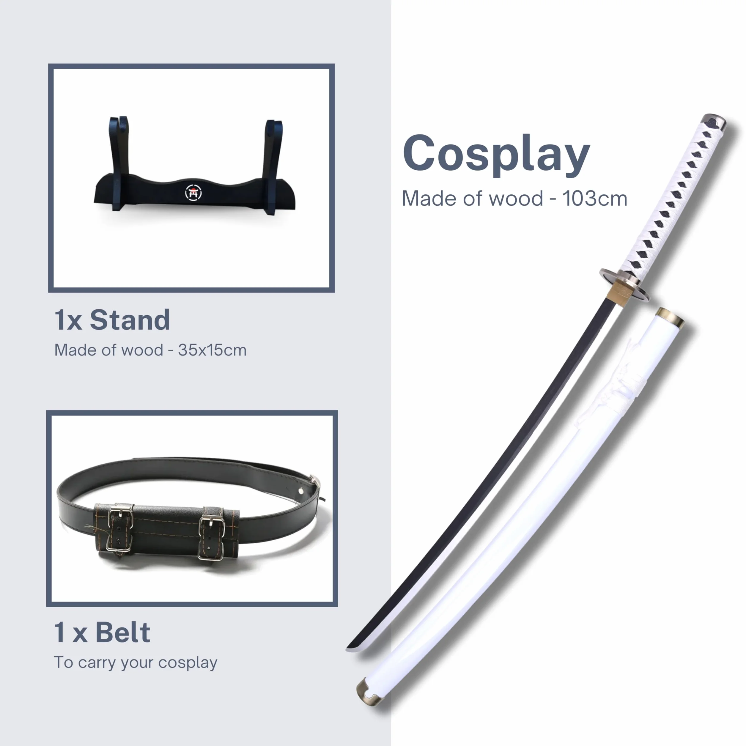 Katana One Piece – miecz manga + uchwyt na miecz drewniany + pasek – Samuraj Catana Cosplay Anime - drewniany miecz dla dzieci i dorosłych – dekoracyjny kostium ninja szabla