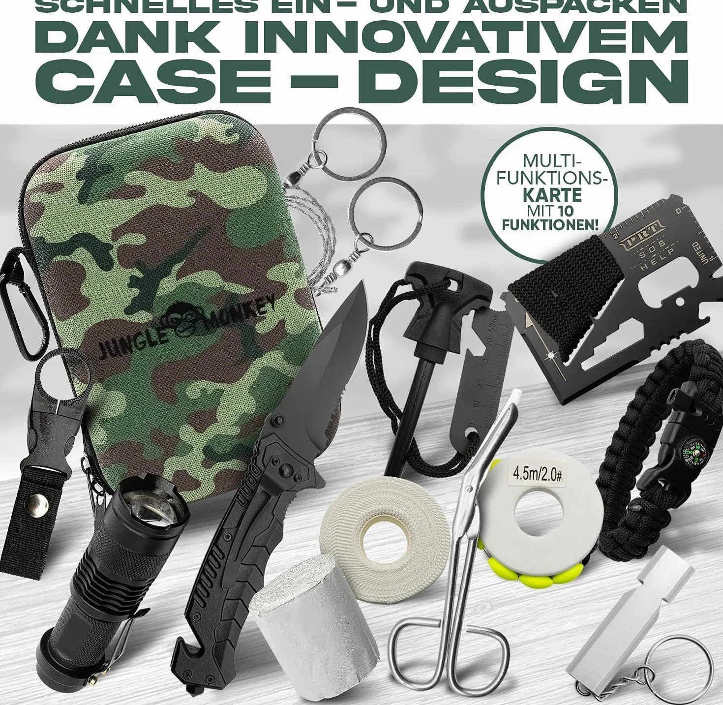 Jungle Monkey® Zestaw survivalowy – zestaw premium 17 w 1 z nożem i latarką – wyposażenie outdoorowe na wędrówki i kemping – zestaw survivalowy – wyposażenie ratunkowe w sytuacjach awaryjnych