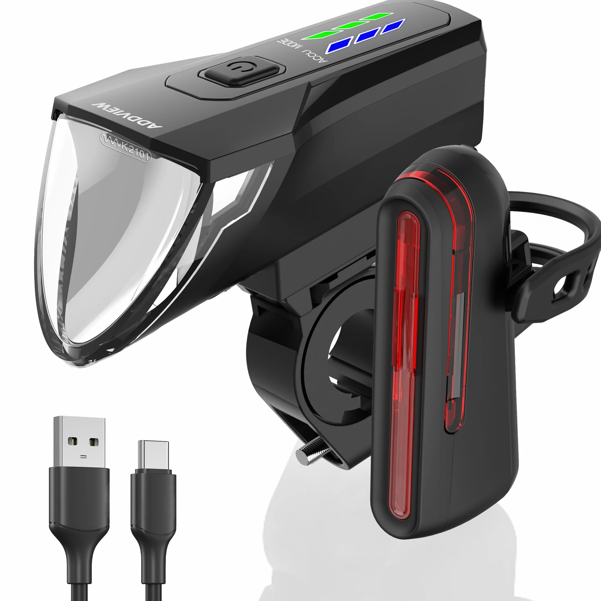 ADDVIEW Zestaw świateł rowerowych Starlight – dopuszczone do ruchu drogowego (obowiązują przepisy lokalne), 70 lx światło przednie i tylne LED z USB C, zasilanie bateryjne, wodoszczelność IP65, zasięg