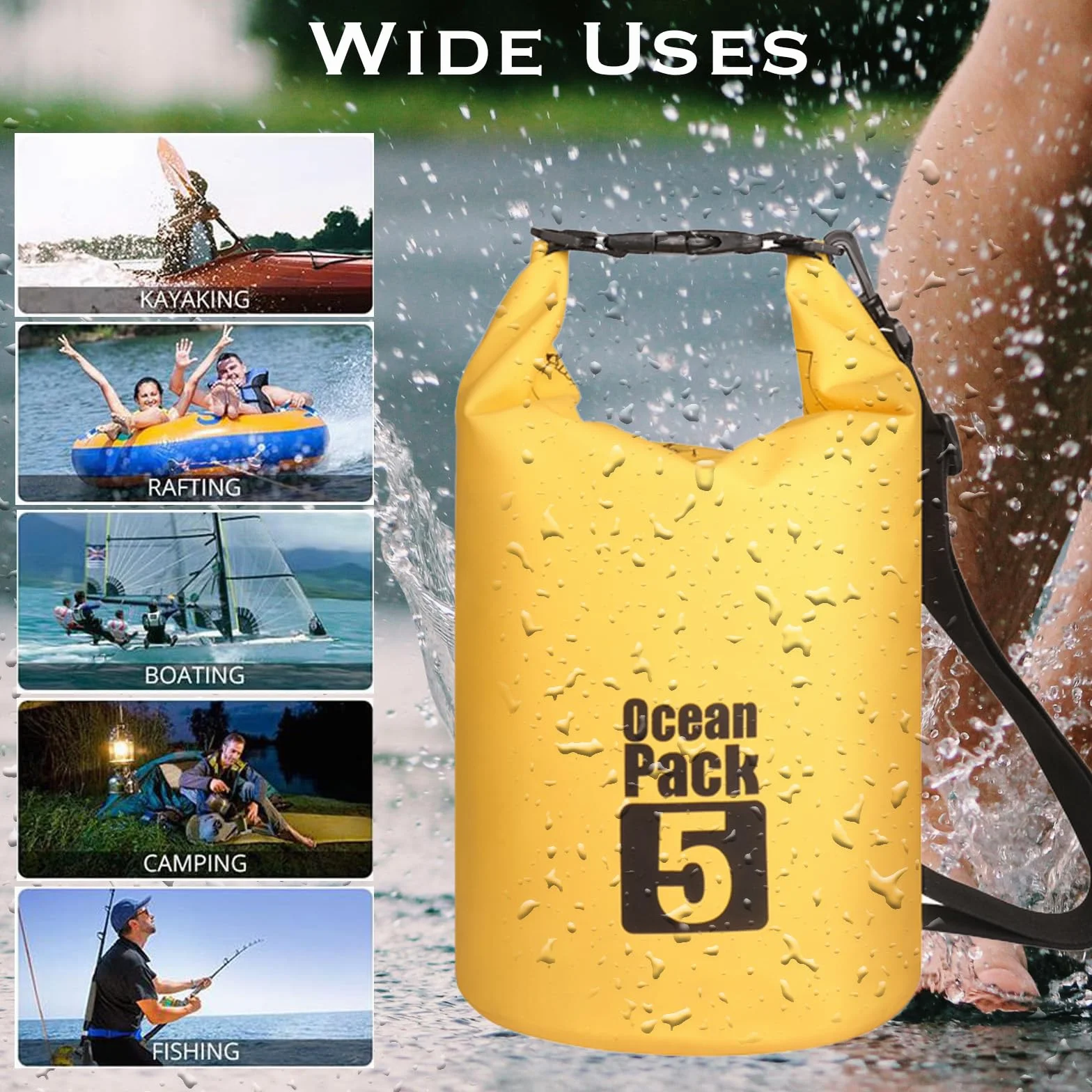 Worek wodoszczelny, z długim regulowanym paskiem na ramię, duża pojemność 2 l, 5 l, 10 l, 15 l, 20 l, 30 l, na kemping, rafting, pływanie, surfowanie, ŻÓŁTY, 5L, Organizer do torby
