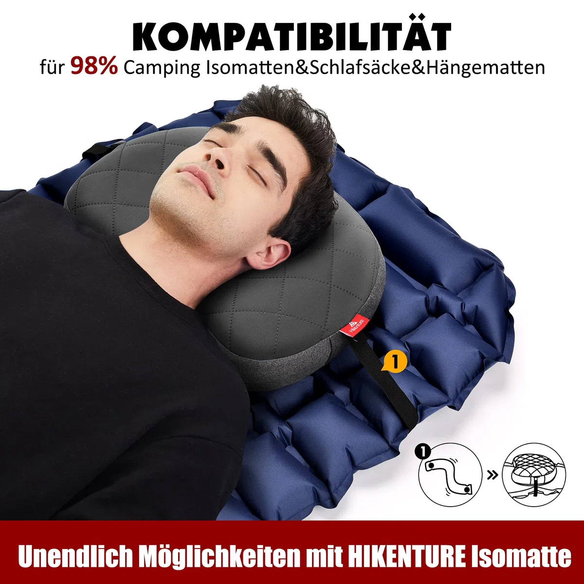 HIKENTURE nadmuchiwana poduszka kempingowa z odpinanym pokryciem, nadmuchiwana poduszka podróżna lekka, ergonomiczna poduszka w podróży, nadmuchiwana poduszka pod głowę kempingowa na zewnątrz