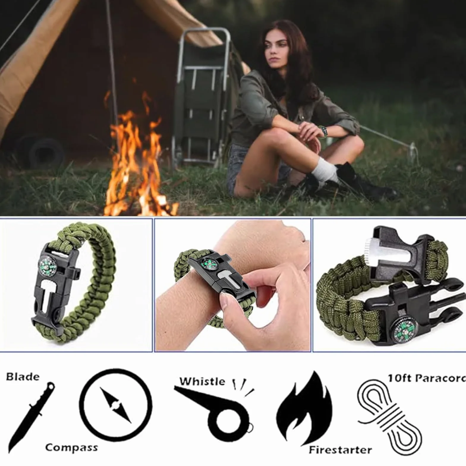 KITDAHOM 6 sztuk bransoletek survivalowych – 5 w 1 bransoletka outdoorowa 26 cm x 2,5 cm – paracord – z krzesiwem, gwizdkiem, kompasem, skrobakiem, liną – na wędrówki, kemping, sytuacje awaryjne