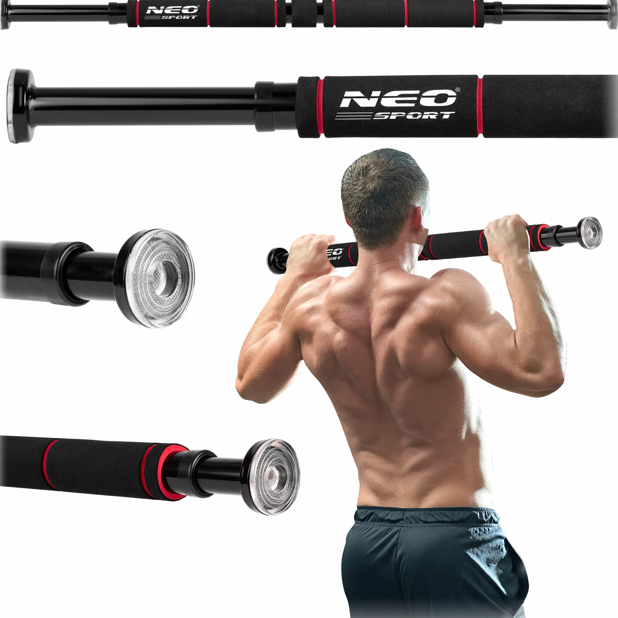 NEO SPORT Drążek Rozporowy Prosty NS-311 do Podciągania Ćwiczeń Treningu Siłowego z Wzmacnianej Stali Uchwyty z Pianki do Futryn 60-85 cm Obciążenie 150 kg