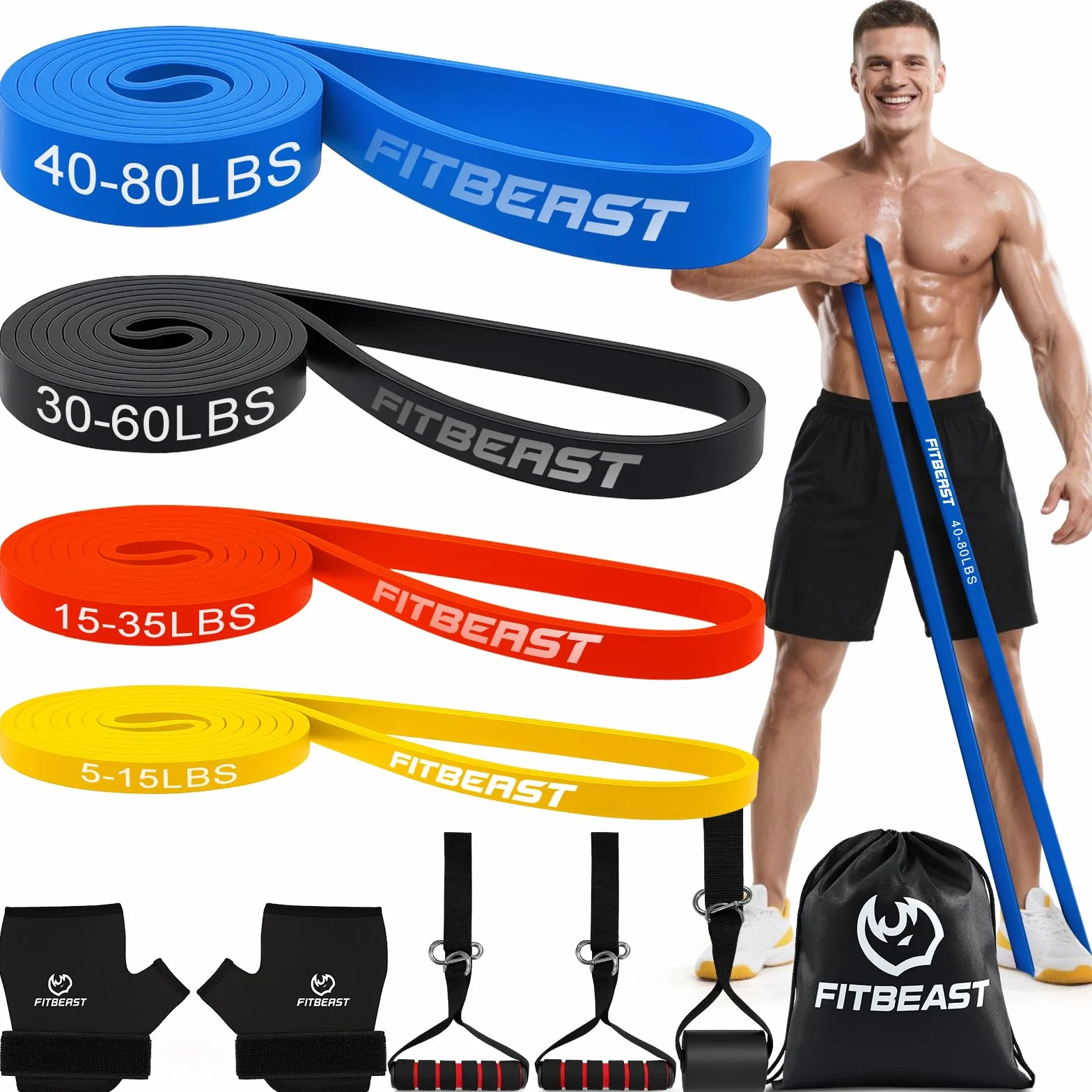 FitBeast Zestaw Opasek Odpornościowych z Rękawicami, Uchwytem do Drzwi, Torbą na Ramię - Trening Siłowy, Kalistenika, Joga, Mobilność, Ćwiczenia w Domu