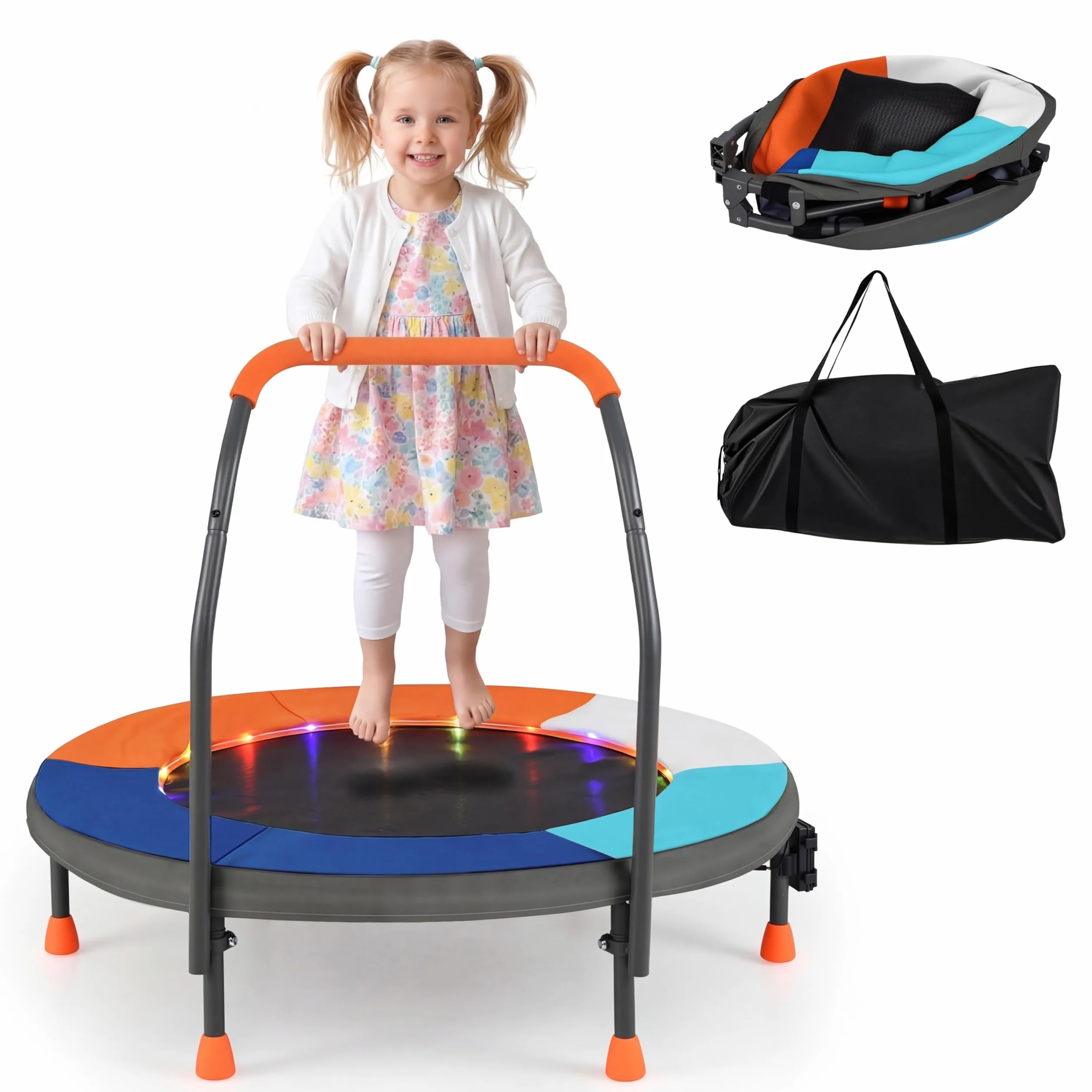 COSTWAY Trampolina dla dzieci o średnicy 90 cm, składana, z oświetleniem LED, z uchwytem i torbą do przenoszenia, mała trampolina ogrodowa, dla dzieci od 3 lat (ciemnoniebieska)