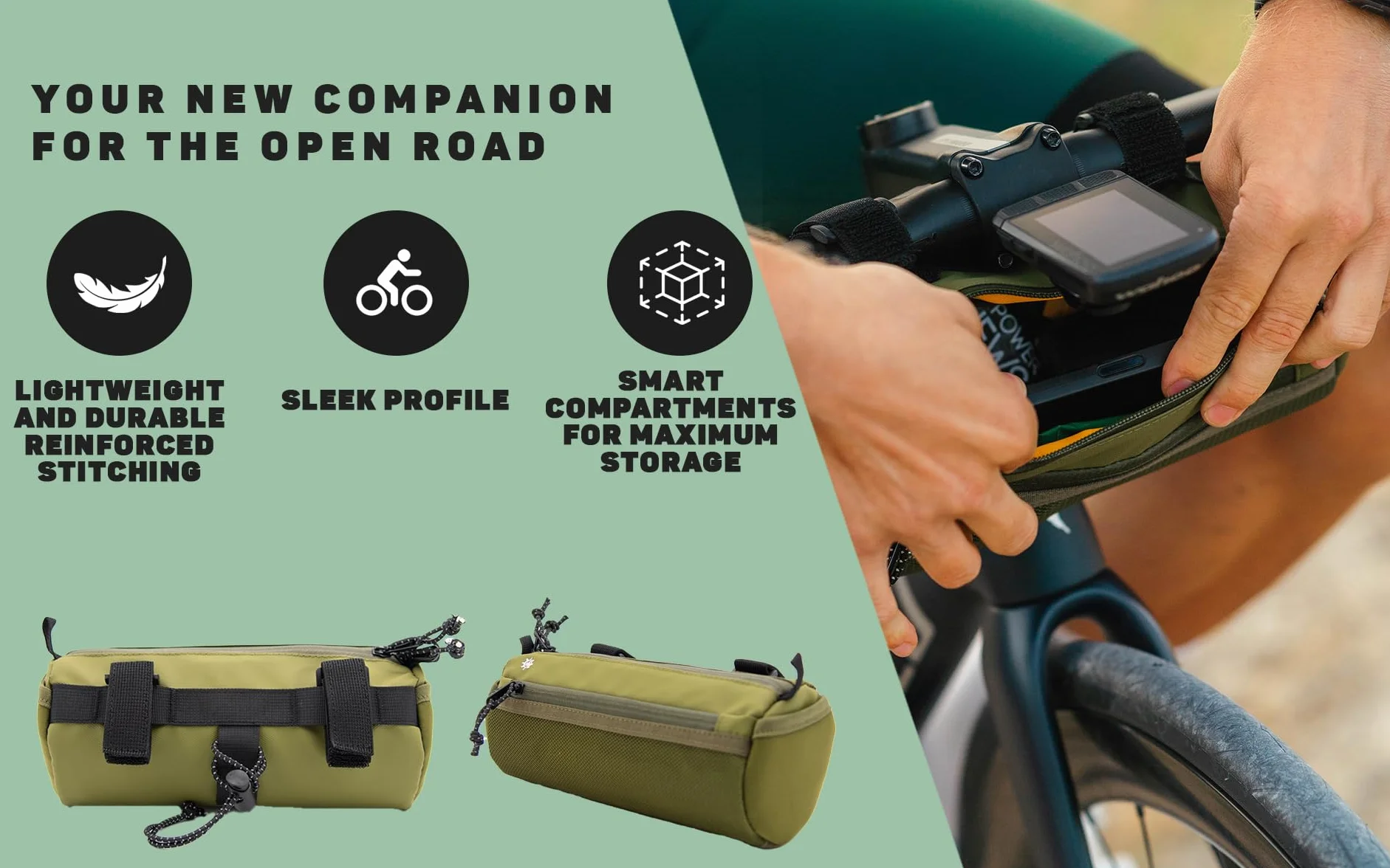 Lumiere & Co. Torba na kierownicę roweru – Wytrzymała, dostępna w różnych rozmiarach i kolorach – Podwójne elastyczne paski, klipsy i rzepy dla indywidualnego dopasowania (Zielony, Średnia)