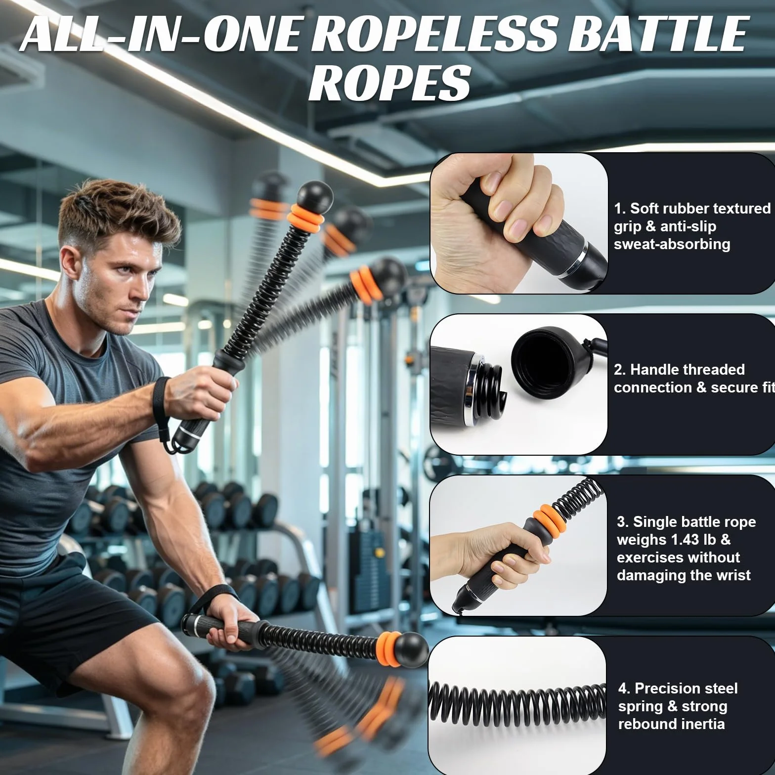 2 sztuki Ropeless Battle Rope bez liny z ciężarkami, ciche liny bojowe z antypoślizgowym uchwytem, HIIT trening całego ciała dla siły, wytrzymałości i spalania tłuszczu, domowa siłownia, fitness