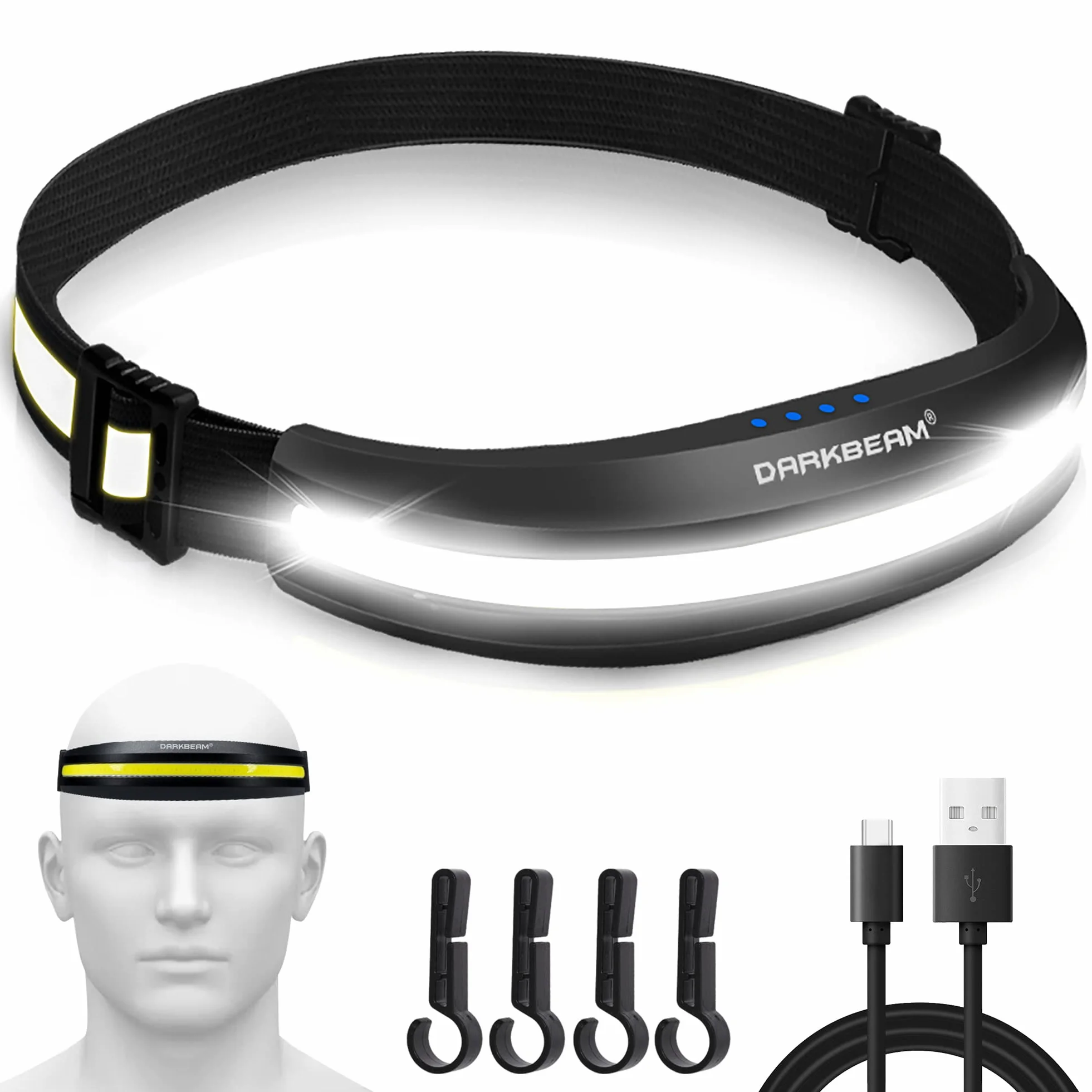 DARKBEAM Latarka czołowa USB - C Akumulator COB Jasne Latarka na kask, latarki LED z czerwonym światłem - Reflektor czołowy 230° - konserwacja samochodu, prace budowlane, wędkarstwo, awaryjny