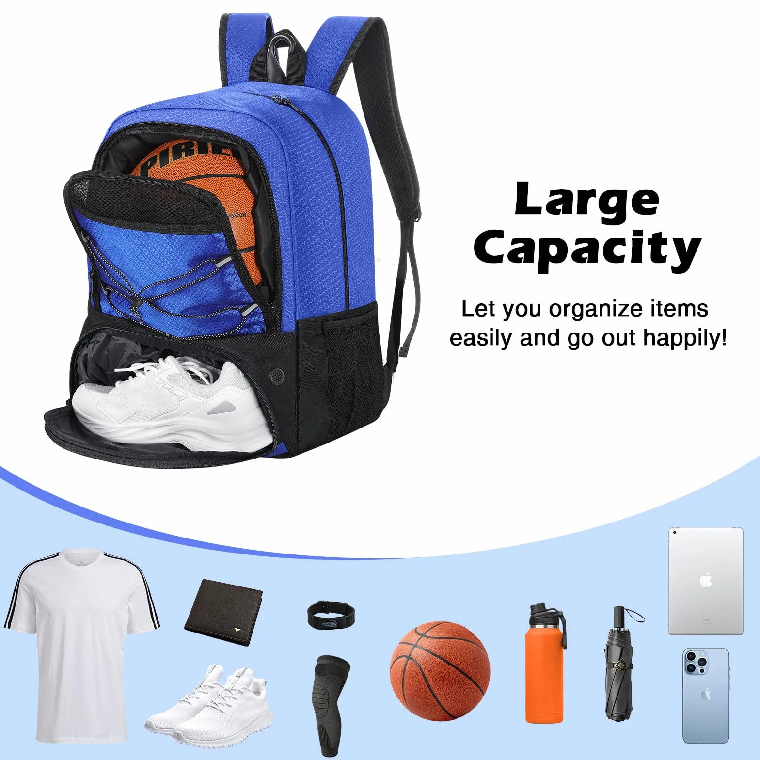 MoKo Basketball Bag Backpack, Soccer Backpack for Men & Women with Separate Ball and Shoes Compartments, Water-Resistant, Fence Hook, Sports Bag for Clothes, Shoes, Tablets, Laptops, Blue