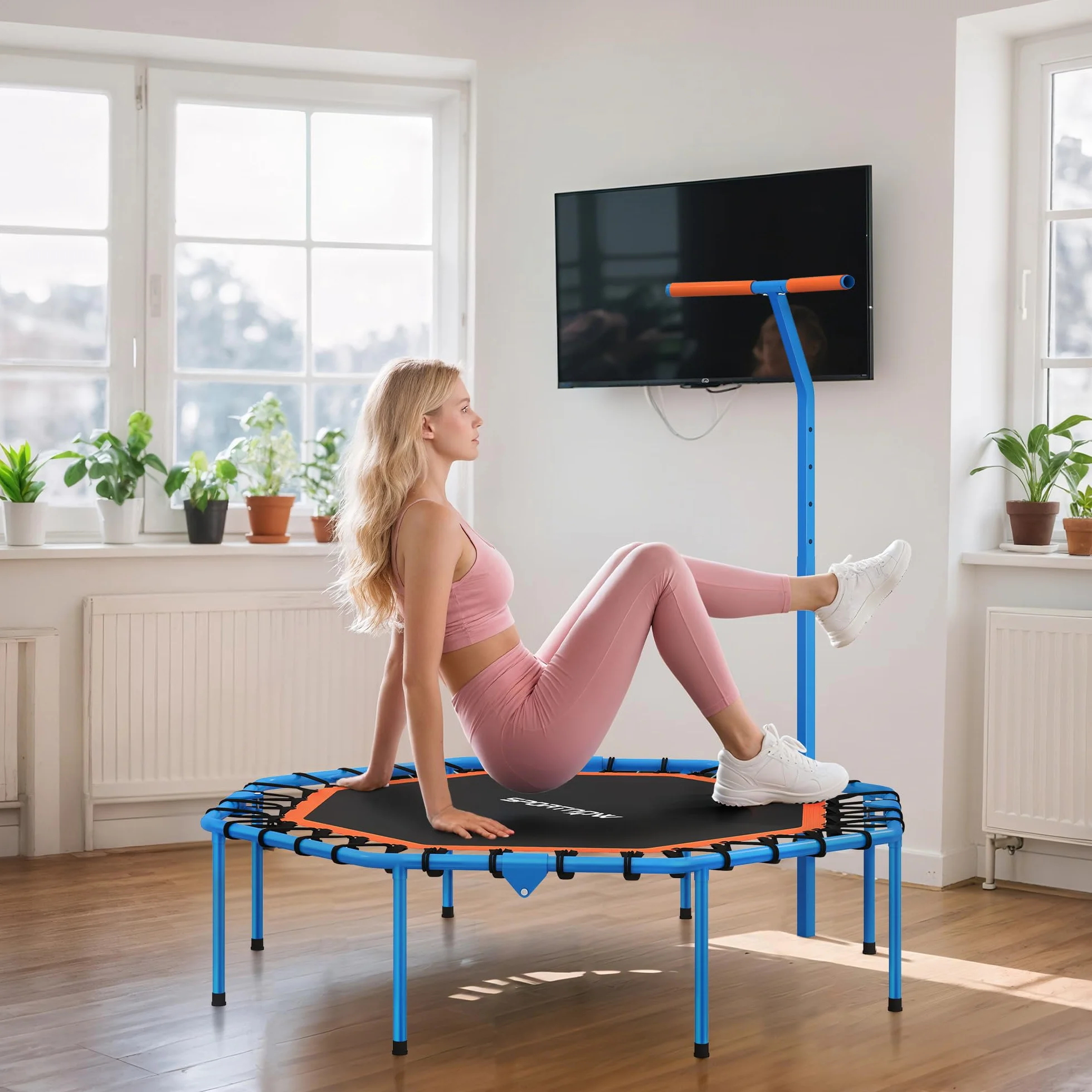 SPORTNOW Trampolina fitness, składana, Ø 128 cm, mini trampolina z 5-stopniową regulacją wysokości, cichą gumową linką, trampolina dla dorosłych, do użytku wewnątrz i na zewnątrz