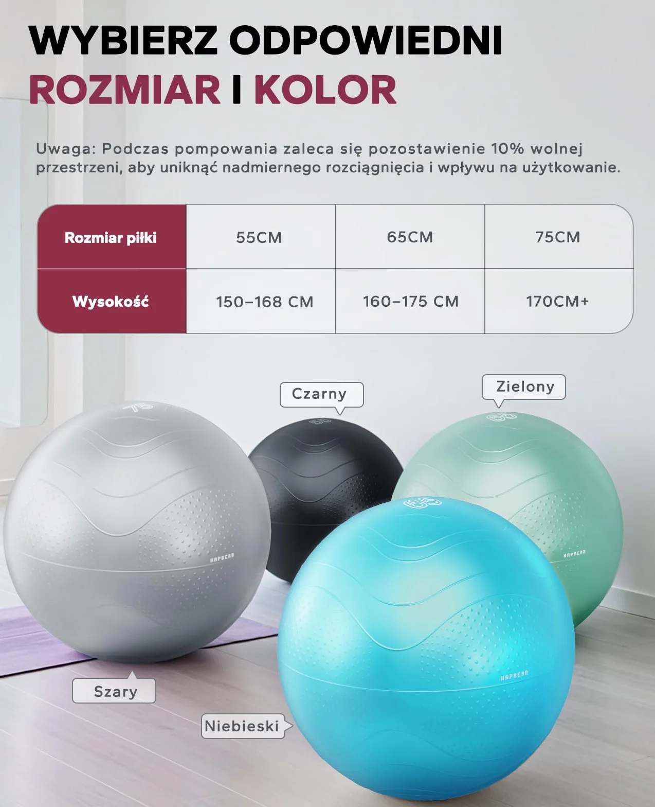HAPBEAR Piłka Gimnastyczna 55/65/75 cm Antywybuchowa Piłka Fitness do Ćwiczeń Jogi i Pilatesu