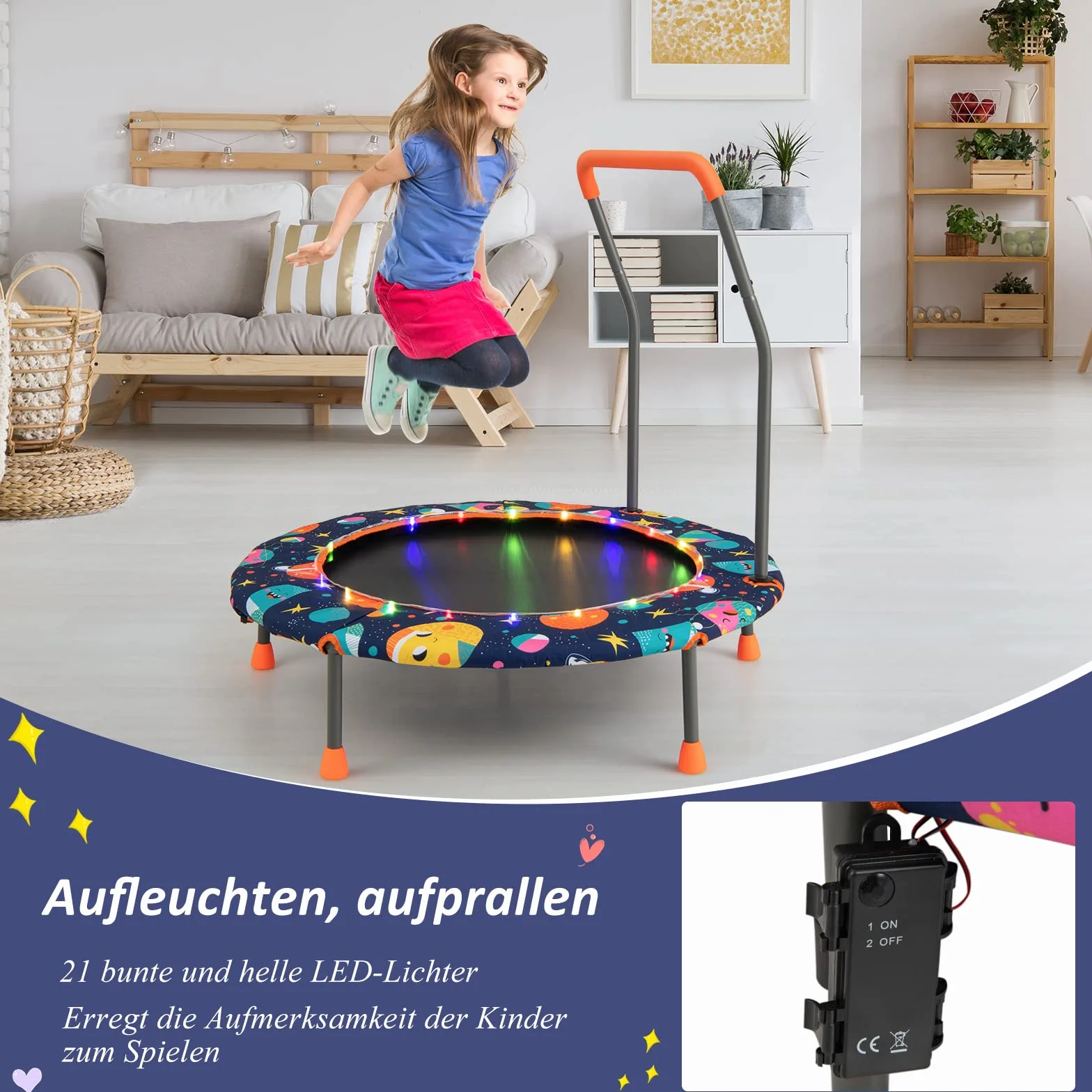 COSTWAY Trampolina dla dzieci 92 cm z oświetleniem LED, uchwyt bezpieczeństwa, obciążenie 25 kg