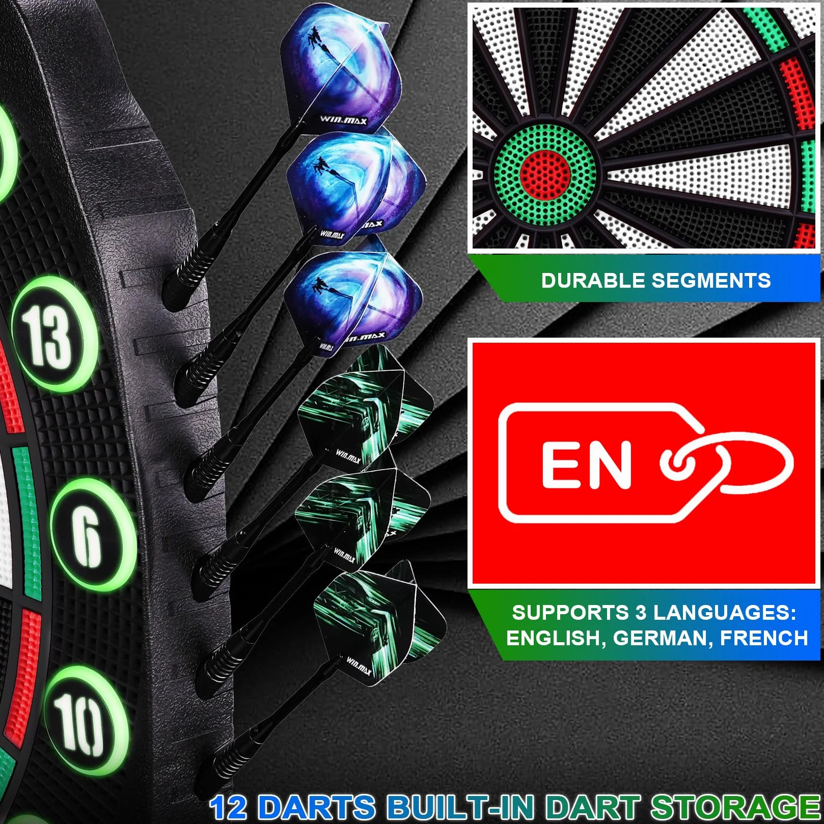 WIN.MAX Elektroniczna tarcza do darta, zestaw 34 gier, 3 języki, zielony i czerwony