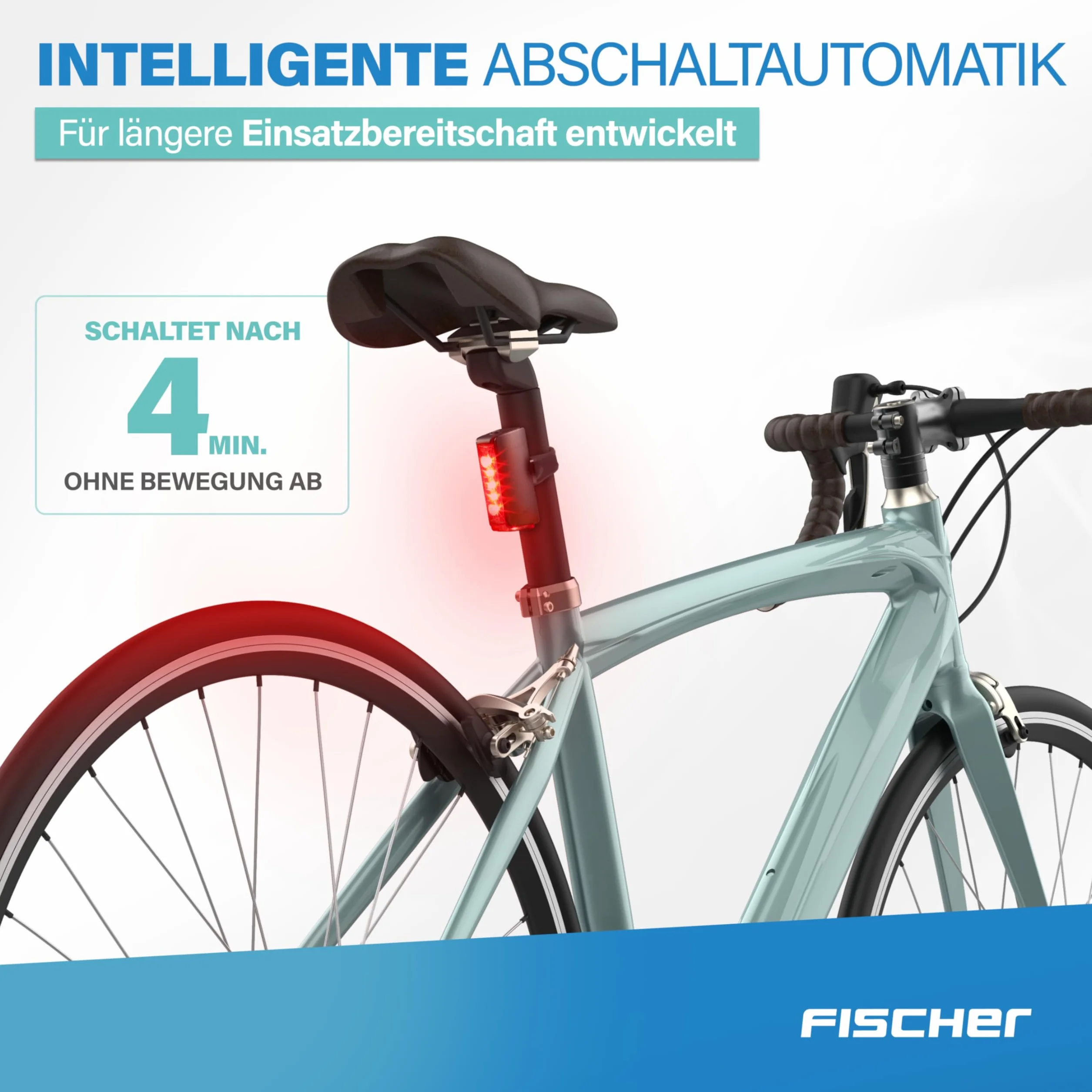 Fischer Tylne światło rowerowe LED z akumulatorem Twin Stop, z dodatkowym oświetleniem podłogowym i światłem hamowania, aluminiowa obudowa, czas świecenia do 8 godzin, kolor czarny, 1 sztuka