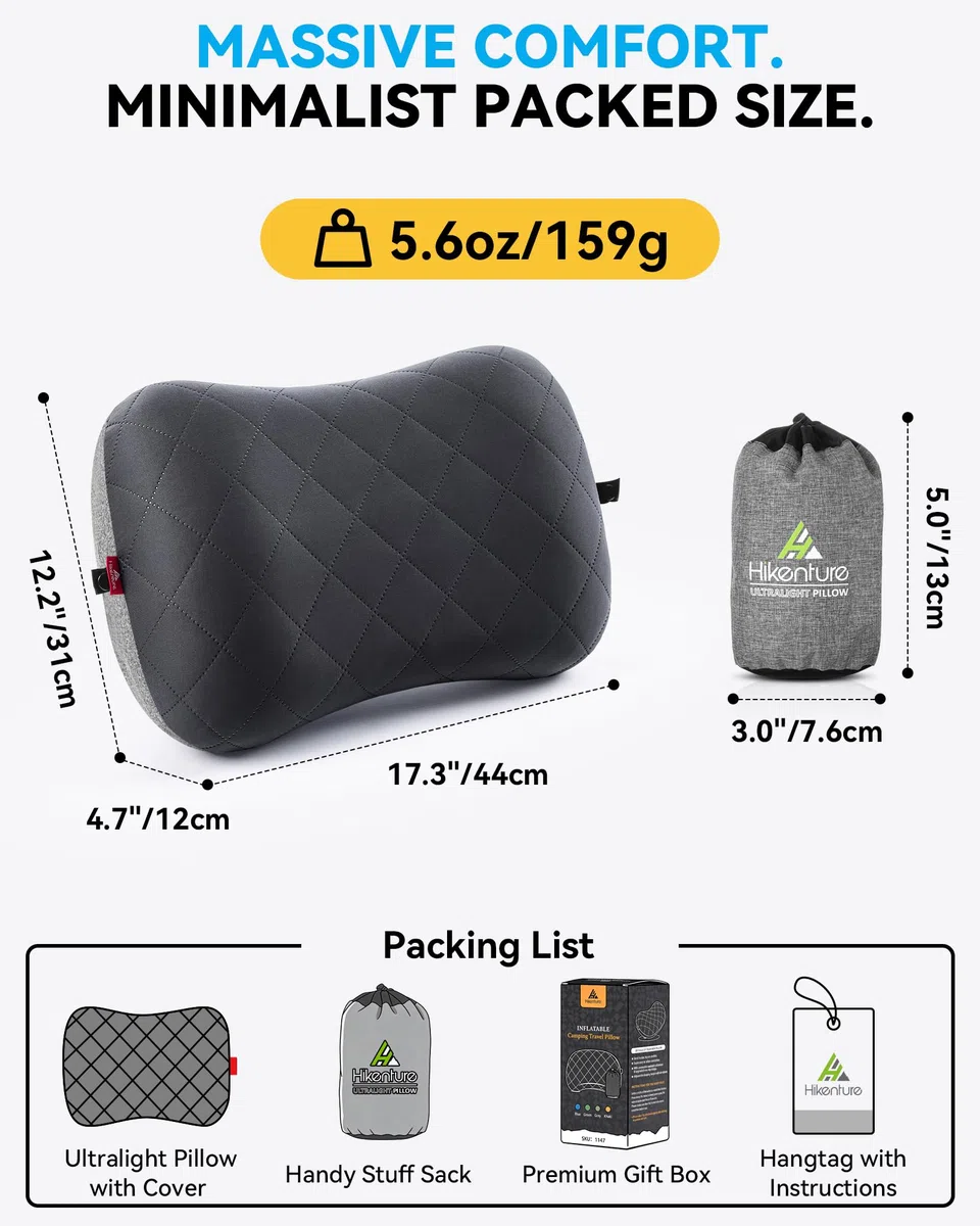 HIKENTURE nadmuchiwana poduszka kempingowa/podróżna ze zdejmowaną poszewką na poduszkę, ergonomiczna poduszka pod głowę, wygodna poduszka na kark do podróży / na zewnątrz (czarna)