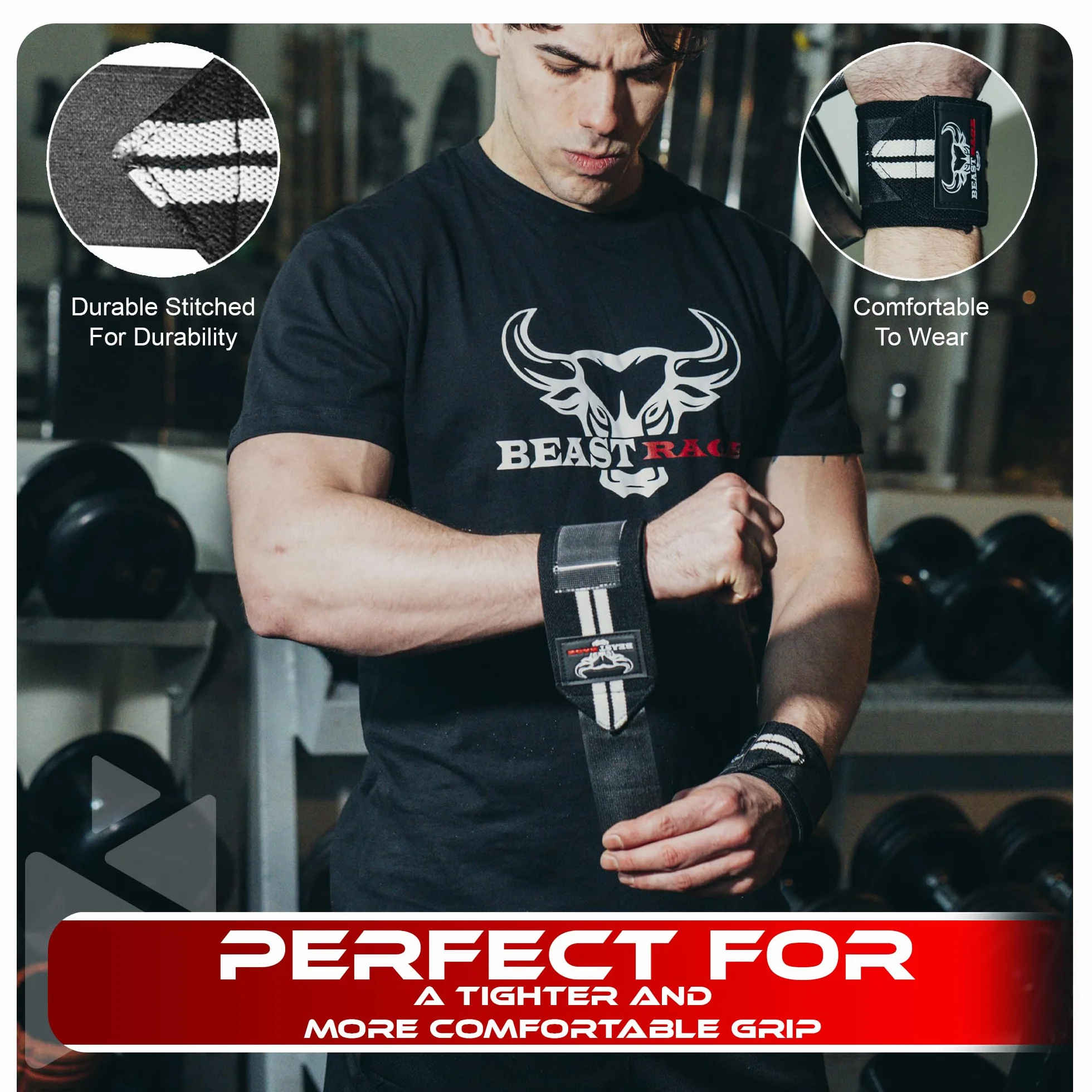 BEAST RAGE Opaski na nadgarstki do podnoszenia ciężarów, trening siłowy mięśni, trening fitness, rozciągliwy bawełniany pasek na kciuk (UP3, WHITE)