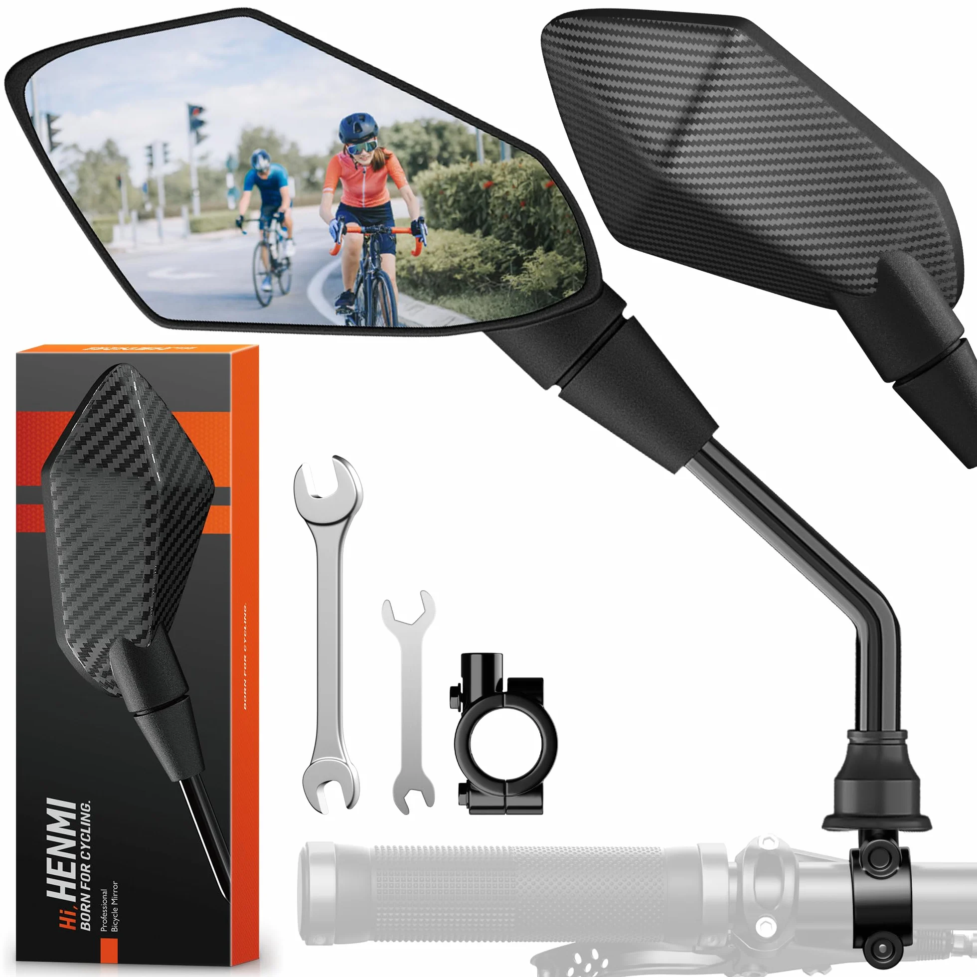 HENMI Lusterko rowerowe do roweru elektrycznego, lewe, wypukłe lustro HD, idealna elastyczność 360°, duża powierzchnia lustra, lusterko wsteczne, odporne na uderzenia prawdziwe szkło, lusterko