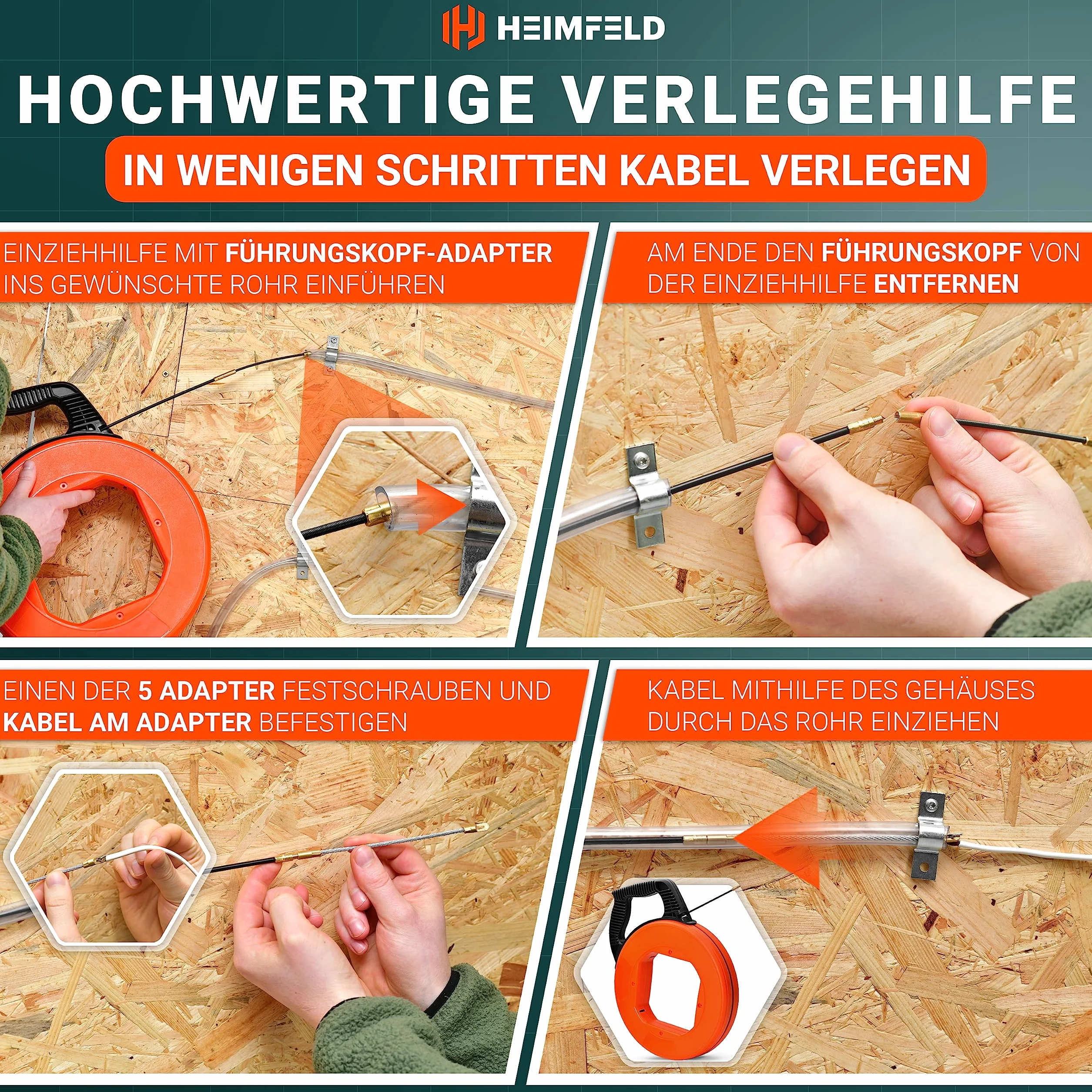 Spirala do wciągania kabli 30 m z 6 adapterami – drut naciągowy 4 mm do rur pustych