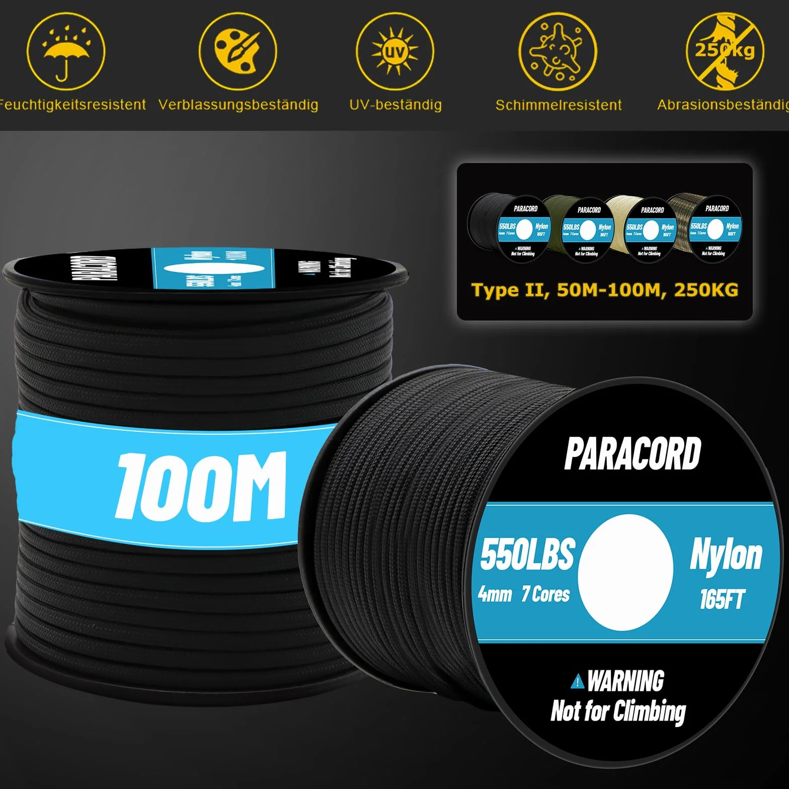 50 m linka nylonowa Paracord 550, 4 mm, 7 rdzeni, linka spadochronowa, czarna linka spadochronowa, sznurek nylonowy do bransoletki, smycz, obroży, survivalu Paracord, maks. 250 kg (50 m-khaki)