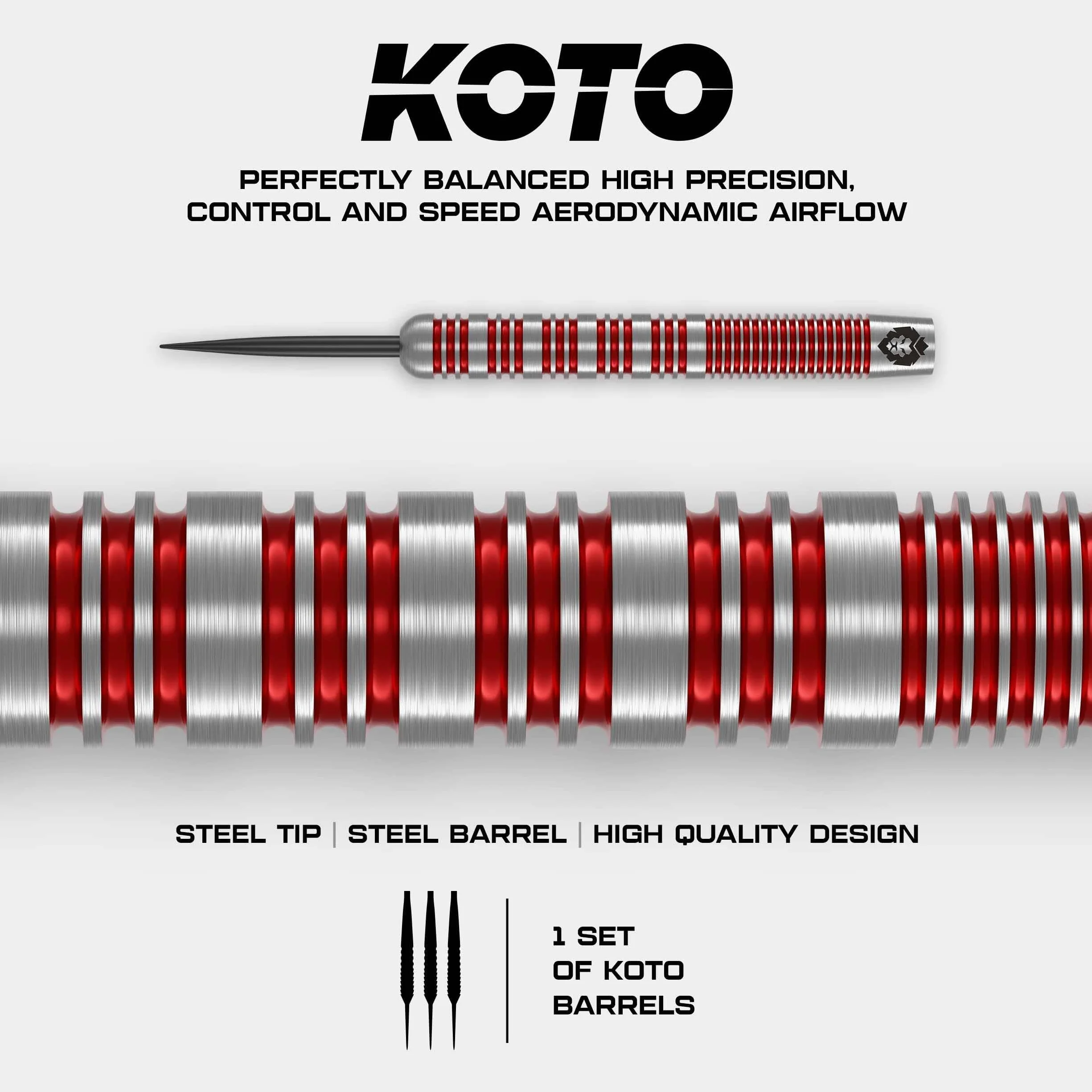 KOTO – Tribute Darts, srebrne i czerwone, zestaw rzutek z 3 beczkami, piórami + trzonkami i portfelem do darta o stałym uchwycie pierścieniowym